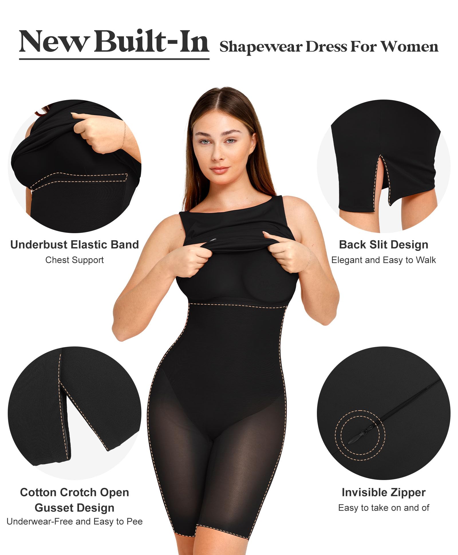 Popilush Shapewear Dress for Women - Tummy Control Midi Work Dress with Sleeveless Boat Neck | Office Elegant Pencil Dress for Professional & Formal Occasions