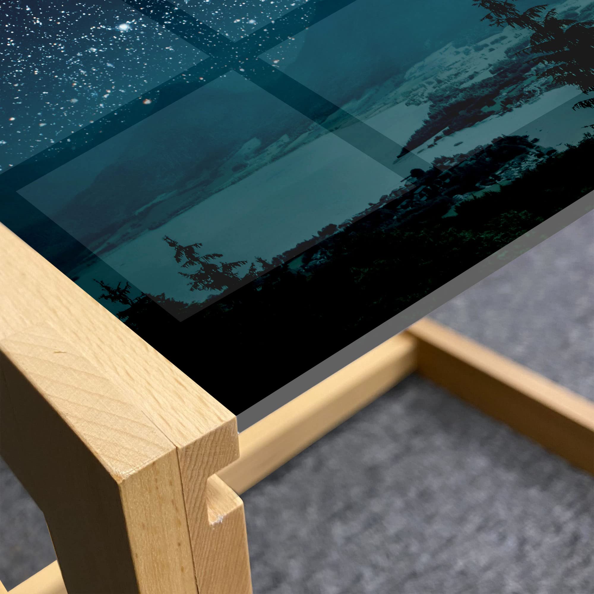 Ambesonne Starry Sky Coffee Table with Mountain Pine River Midnight Scenery Print - Acrylic Glass Top & Wooden Frame - Large Dark Teal & Emerald Home Office Decor - Perfect for Living Rooms, Dorms, and Cozy Spaces