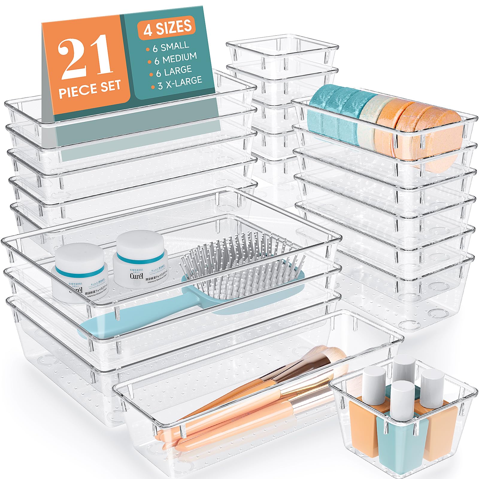 21-Piece Clear Plastic Drawer Organizer Set - 4-Size Desk Drawer Dividers & Storage Bins for Makeup, Jewelry, Gadgets - Perfect for Kitchen, Bedroom, Bathroom & Office Organization
