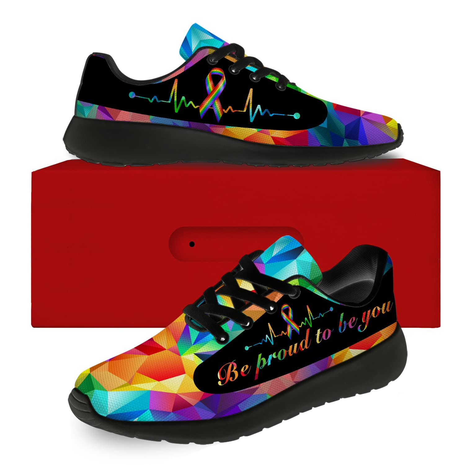 Unisex Pride Running & Walking Shoes - LGBT Rainbow Flag Sneakers for Men & Women (Size 7 Men/8.5 Women) - Perfect for Workouts, Pride Parades & Everyday Wear - Black