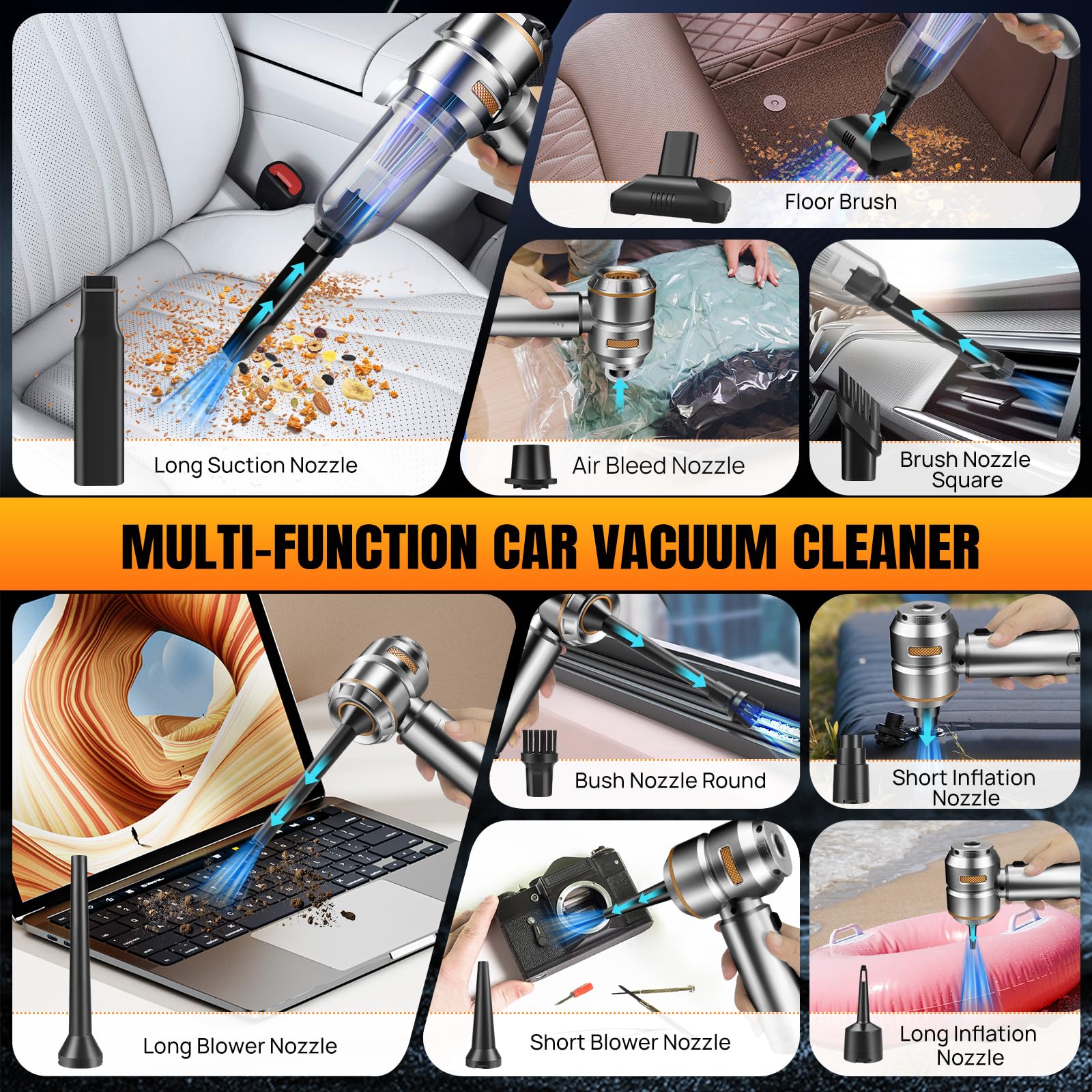 18000PA Cordless Handheld Vacuum Cleaner - 4-in-1 Mini Car Vac with Brushless Motor, 6000mAh Battery | Air Duster, Blower & Pump for Car Detailing, Office & Home Cleaning | Perfect for Pet Hair, Crumbs & Dust Removal