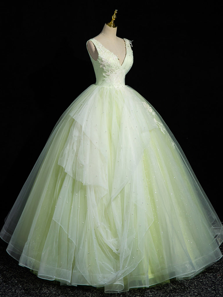 Elegant A-Line V-Neck Lace Tulle Long Prom Dress in Green | Sweet 16 Party Gown | Perfect for Homecoming, Quinceañera & Formal Events