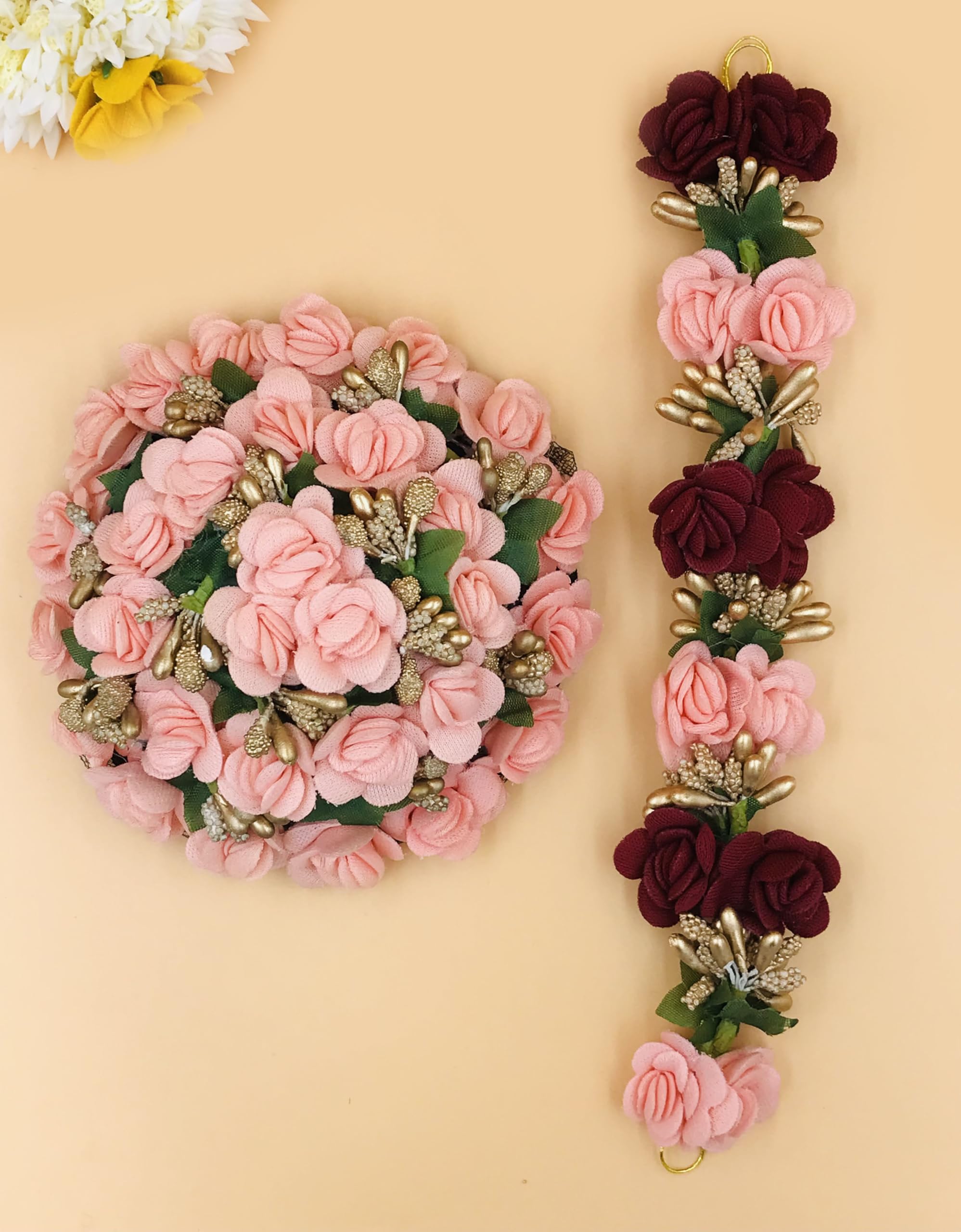 GadinFashion™ Pink Juda Hair Bun - Artificial Flower Gajra Hair Accessories for Women & Girls | Wedding & Party Hair Scrunchies Rubber Band Set | Perfect for Bridal, Festivals & Special Occasions