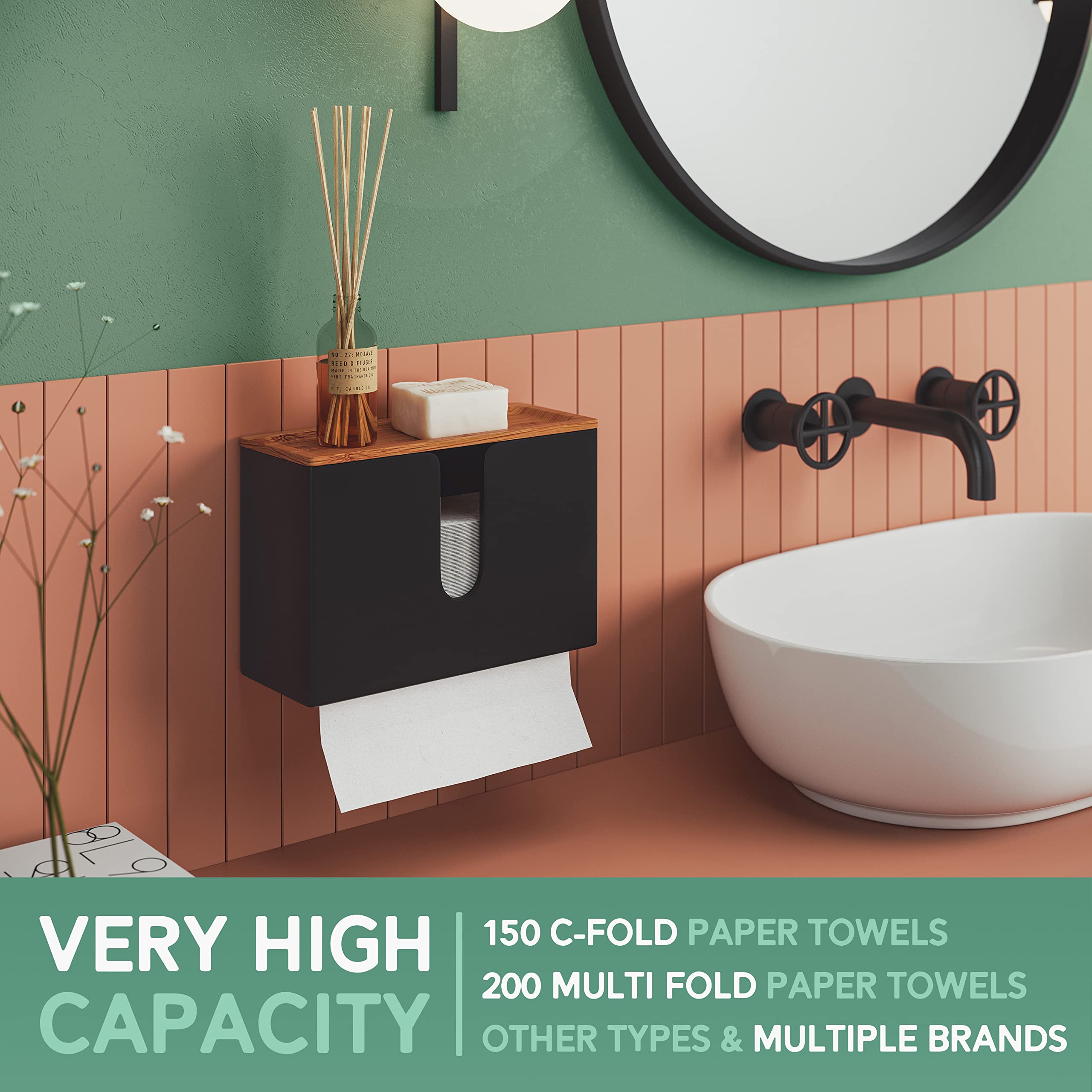 Eco-Friendly Bamboo Paper Towel Dispenser with Removable Tray - Wall Mount & Countertop Holder for C-Fold/Z-Fold/Tri-Fold Towels - Perfect for Commercial Kitchens, Restaurants & Bathrooms - Durable Black Design