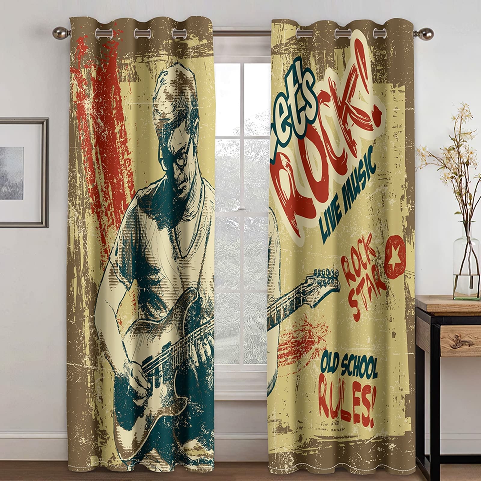 Rock Man Playing Electric Guitar Printed Polyester Curtains 108x63 Inch - Yellow Bedroom Drapes & Sliding Glass Door Curtains for Music Lovers' Home Decor