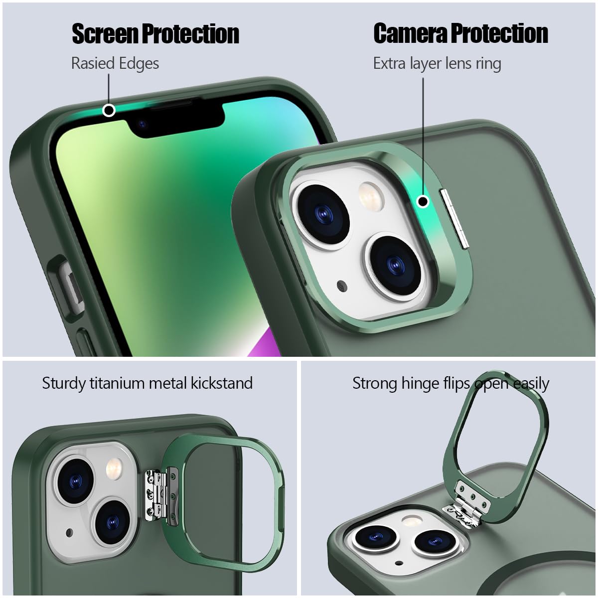 Military Grade Shockproof iPhone 13/14 Case with MagSafe Compatibility - Heavy Duty Protective Phone Cover with Adjustable Kickstand, Matte Semi-Transparent (Green) - Perfect for Outdoor Adventures, Travel & Daily Protection