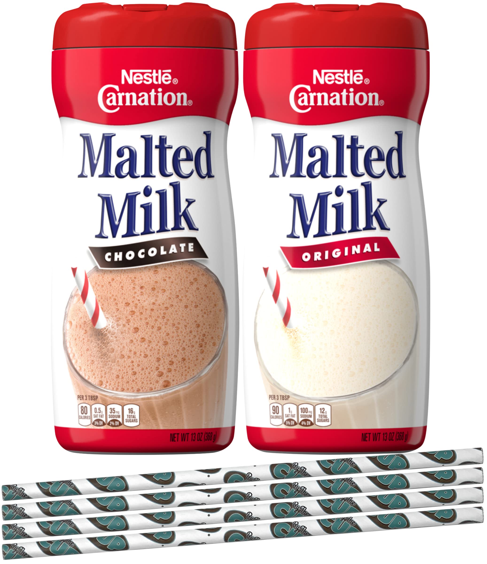 Nestle Carnation Powdered Malted Milk Variety Pack - Original & Chocolate Flavors (2 Pack) with Paper Straws | Delicious Hot or Cold Drink Mix for Breakfast, Baking & Desserts