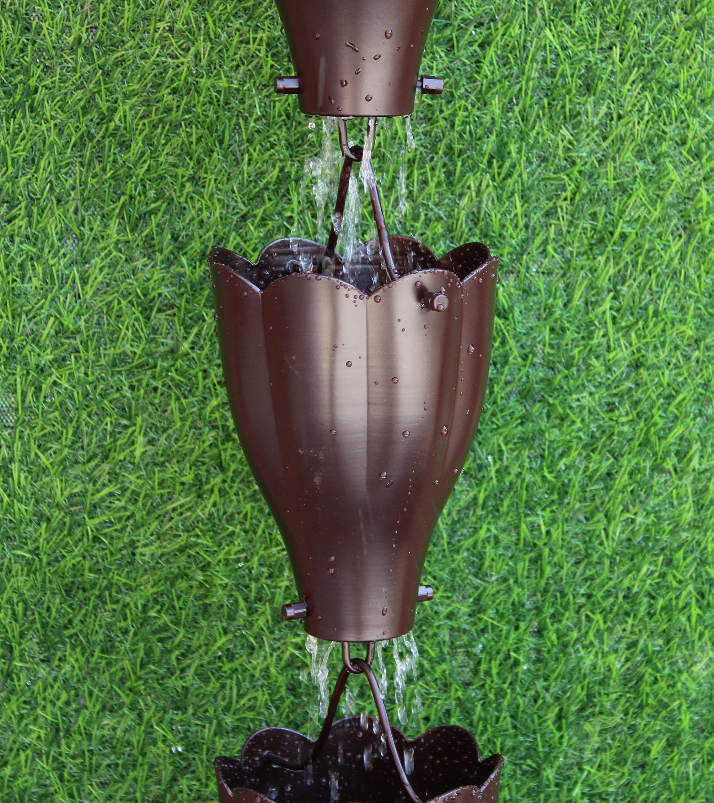 KAM Home XL Aluminum Rain Chain with Scallop Cups & Installation Kit - Rustic Brown (8.5 Inch) | Garden Water Feature for Downspout Drainage & Outdoor Decor