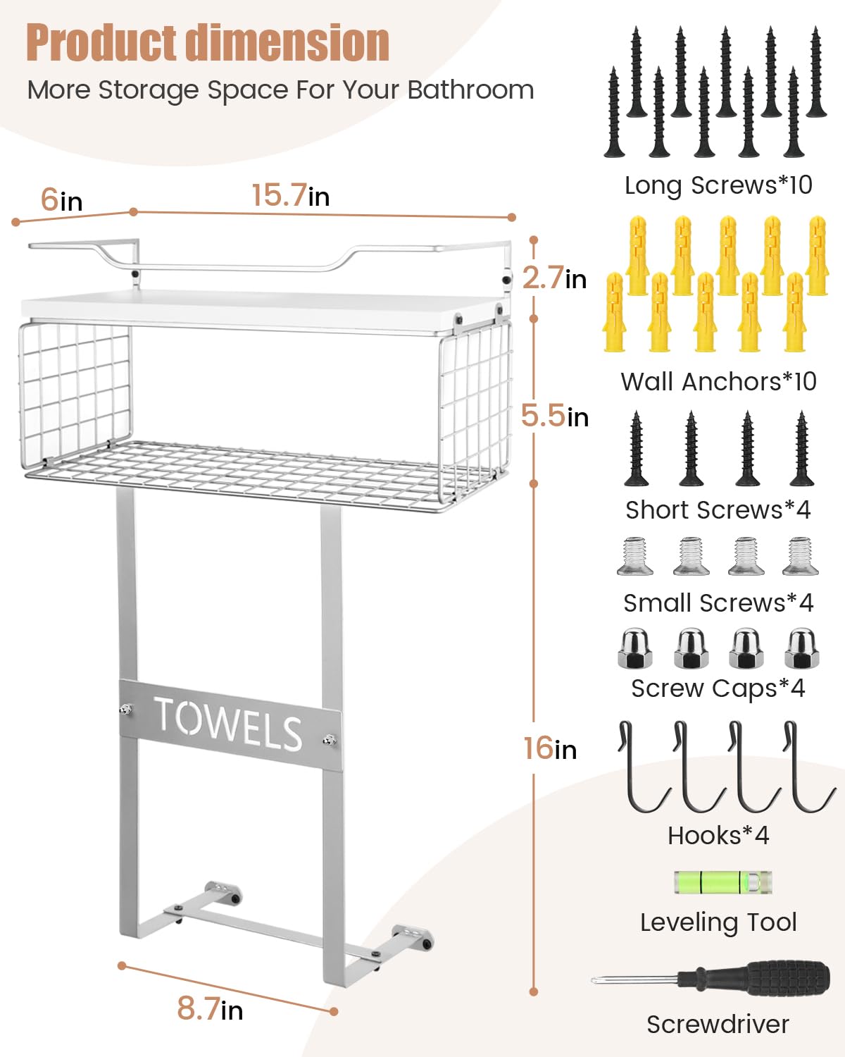 Wall Mounted Bathroom Towel Rack Set - Wooden Vertical Towel Holder with Rolled Towel Shelf for Small Bathroom Storage, Space-Saving Toilet Organizer (Silver) - Perfect for Modern Bathroom Decor and Space Optimization