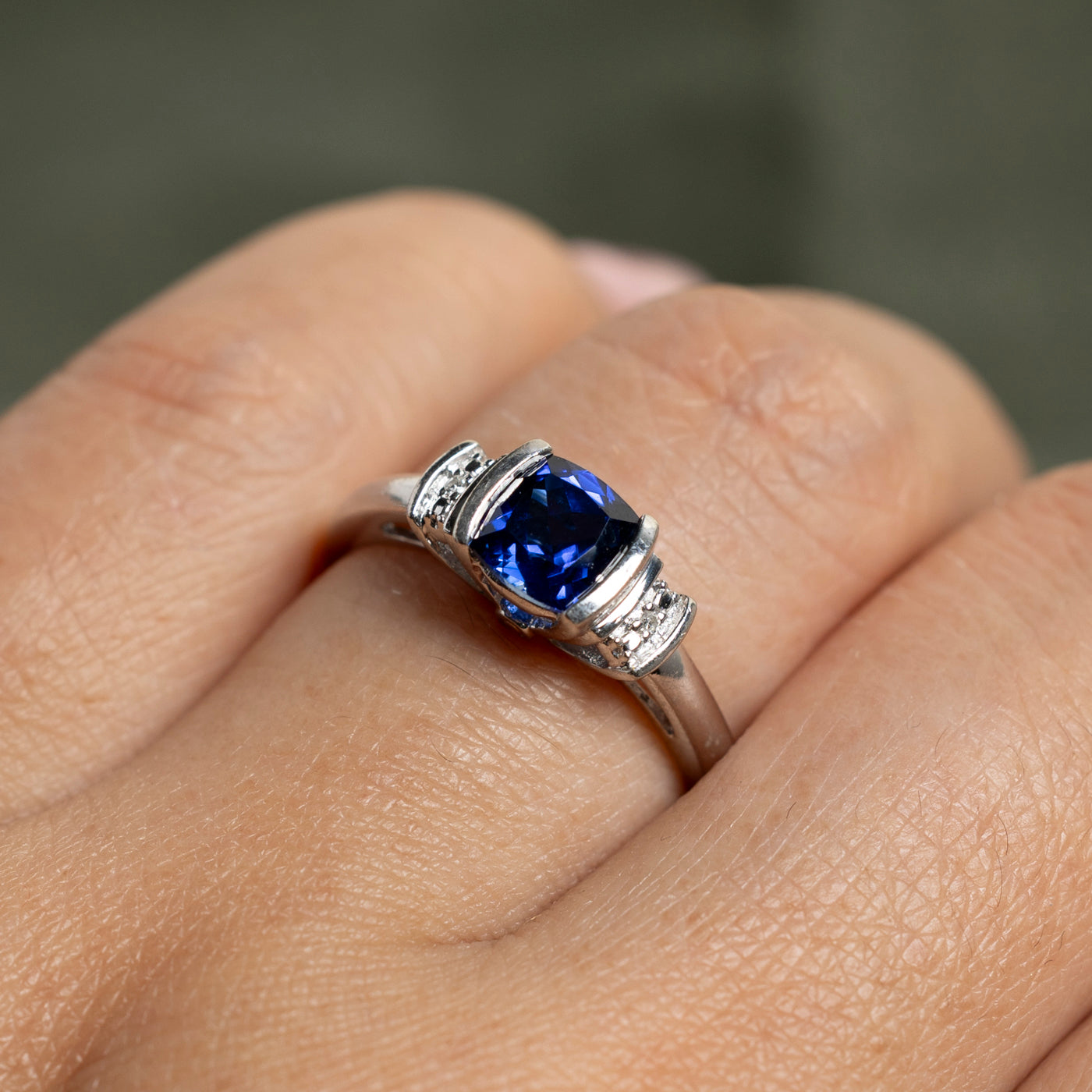 Sterling Silver Synthetic Sapphire & Natural Diamond Ring - 1.00ct Sapphire with 0.01ctw Diamonds - Size 7.5 - Elegant Wedding, Engagement & Anniversary Jewelry Gift for Women