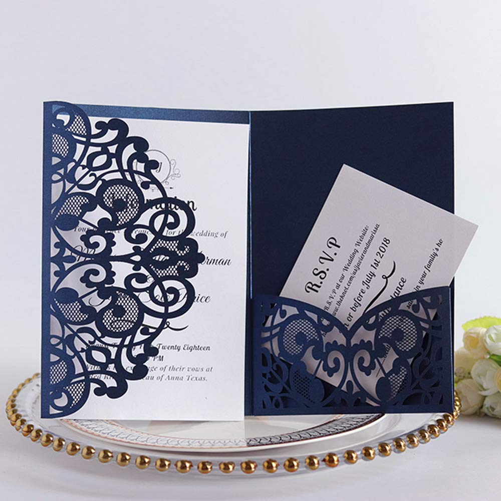 10PCS Elegant Navy Blue Wedding Invitation Cards with Ribbon - European Style Laser Cut Invitation Kit with Hollow Floral Design & Blank Cardstock - Perfect for Weddings, Anniversaries & Special Events by Giveme5