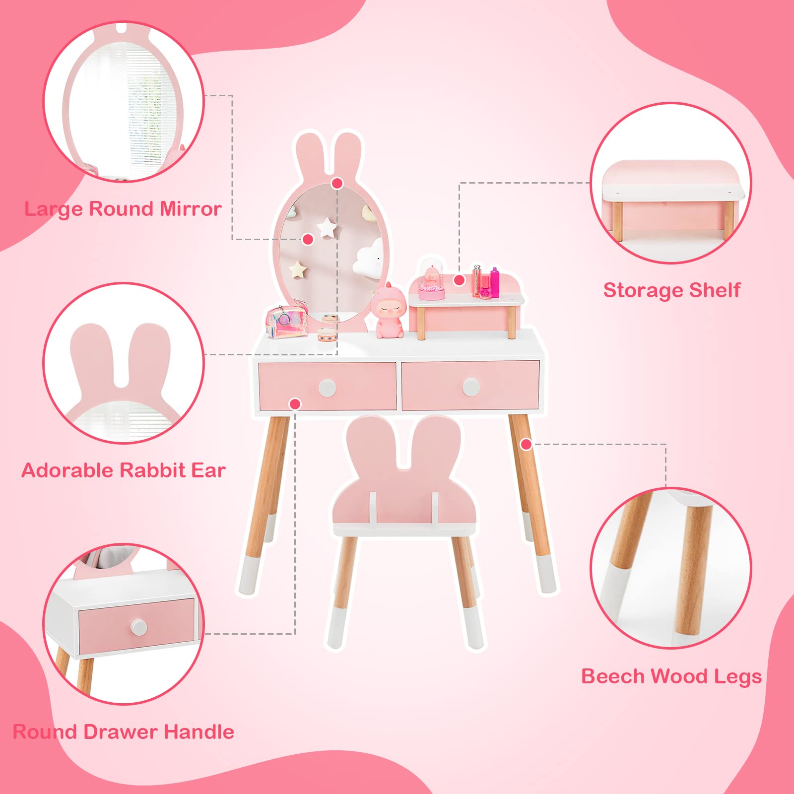Princess Makeup Vanity Set for Kids - Wooden Rabbit Theme with Mirror & Stool - Pink