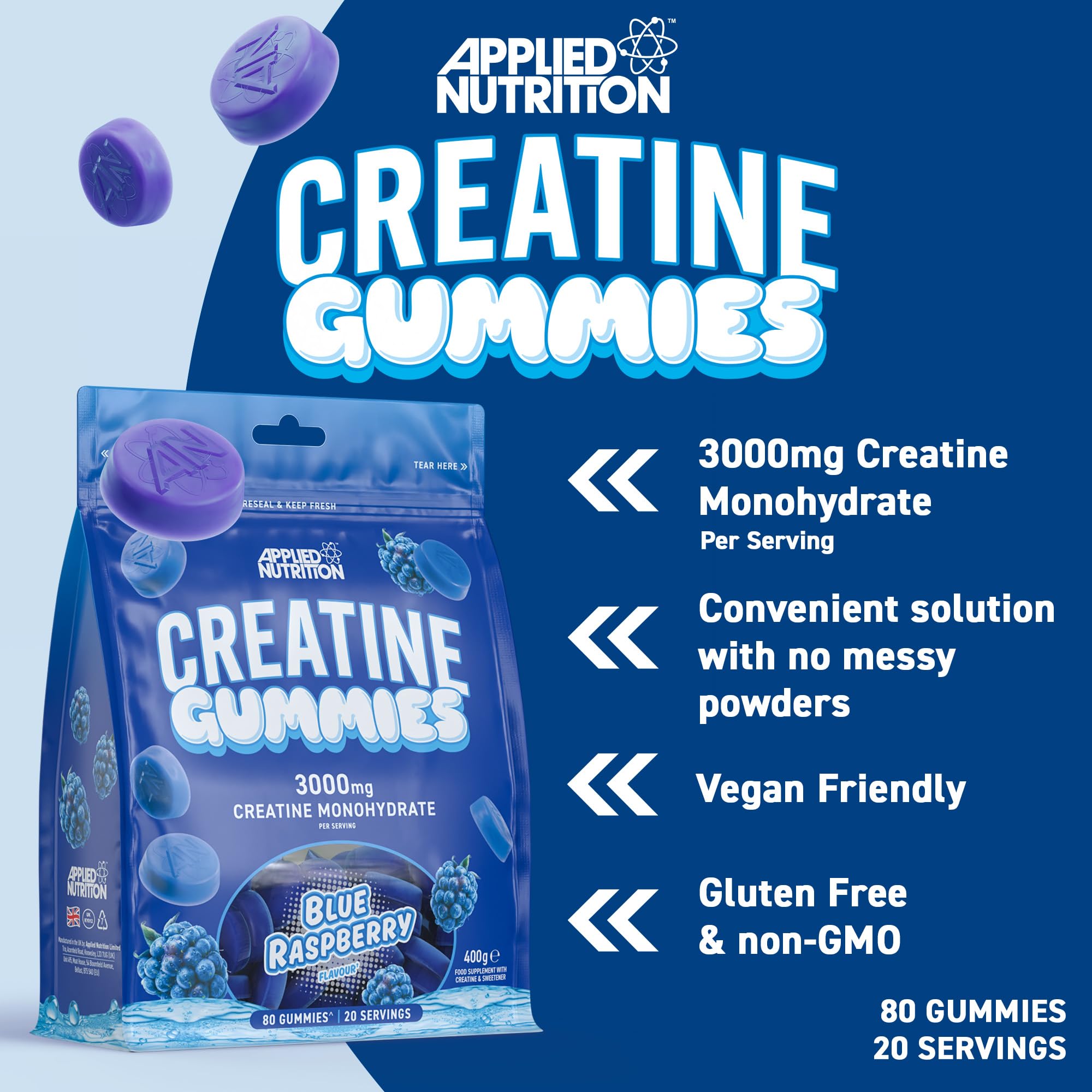 Applied Nutrition 80 Creatine Gummies for Muscle Growth & Recovery - Delicious Chewable Supplement for Athletes & Fitness Enthusiasts | Pre-Workout & Post-Workout Support
