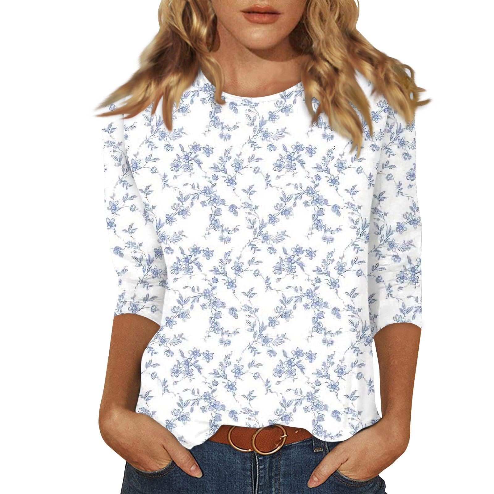 Trendy Women's 3/4 Sleeve Floral Print Crew Neck T-Shirt - Summer Casual Light-Colored Blouse for 2024 | Perfect for Office Wear, Weekend Outings & Date Nights