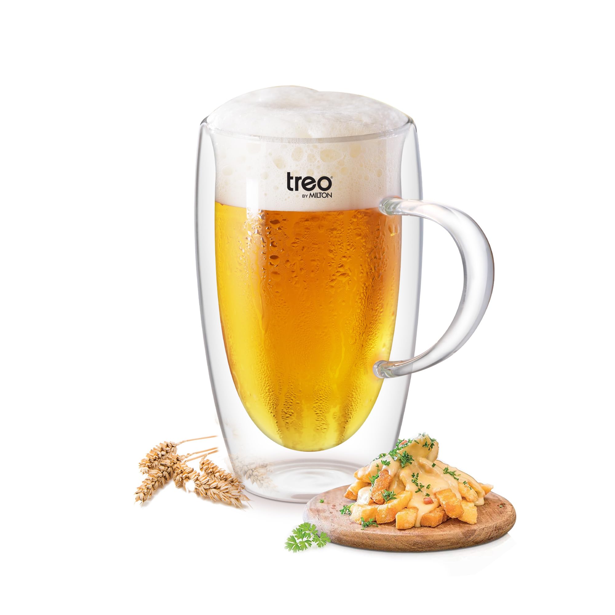 **Treo by Milton Double Wall Insulated Glass Beer Mug with Handle - 450ml Crystal Clear Drinking Glass for Beer, Cocktails, Iced Coffee - Perfect for Home, Bar, Parties & Gifts**