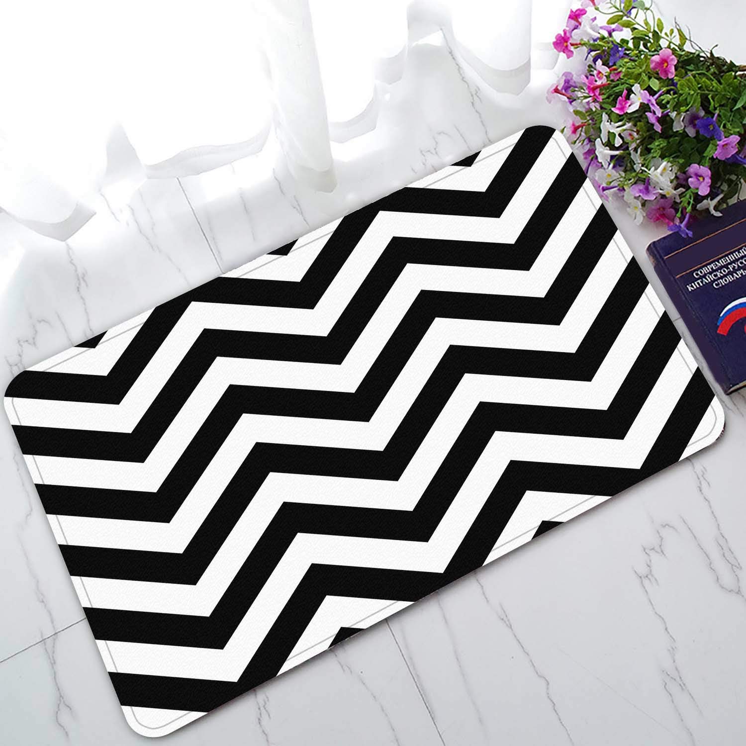 ECZJNT Black and White Zigzag Welcome Doormat - Non-Slip Bath Mat & Entrance Rug - 30x18 Inch Indoor/Outdoor Floor Mat for Home, Porch, Patio, and Office Decor