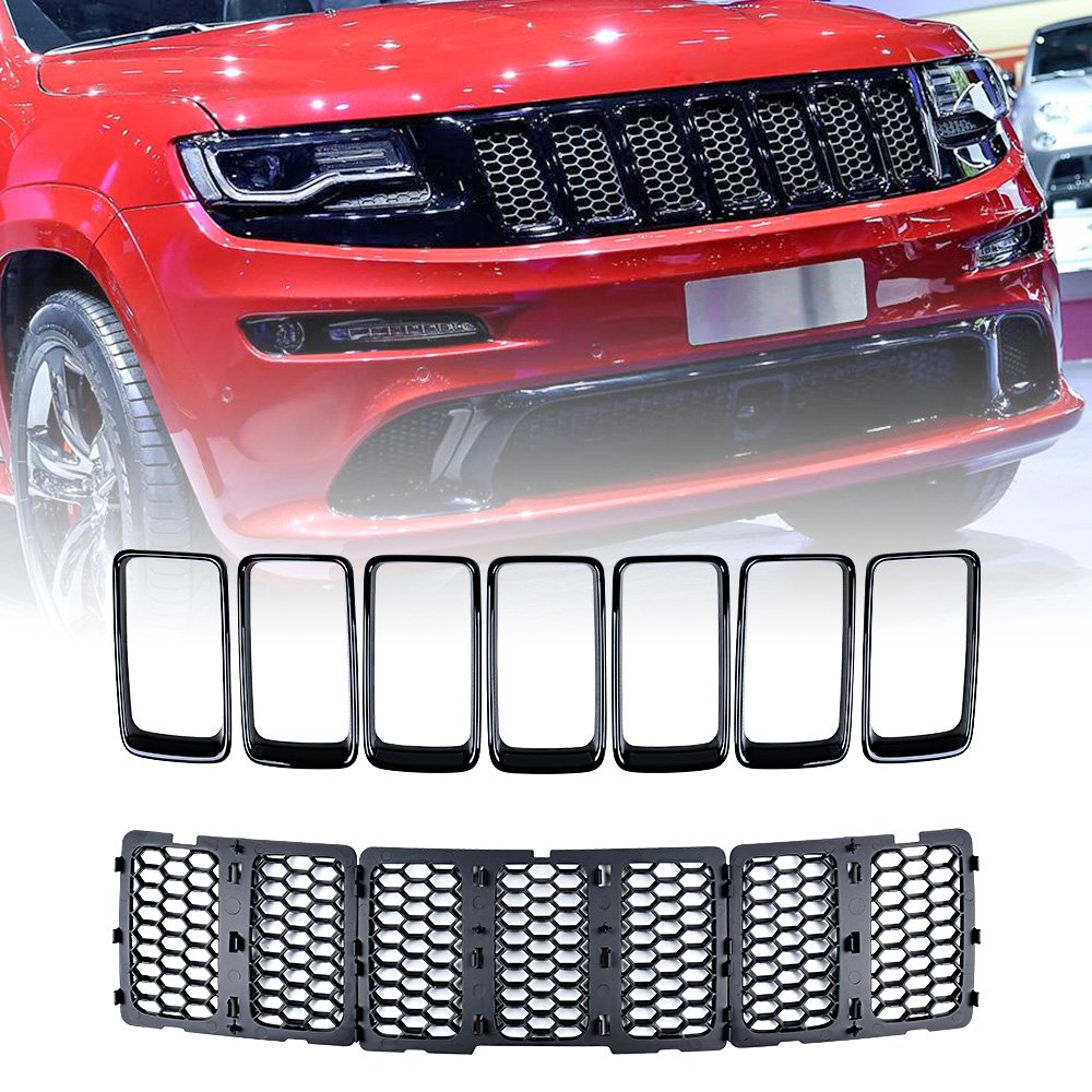 Anzio Honeycomb Matte Mesh Front Grill Glossy Black Grille Inserts - 7pcs Compatible with 2014-2016 Jeep Grand Cherokee | Upgrade Your SUV's Style & Protection for Off-Road Adventures