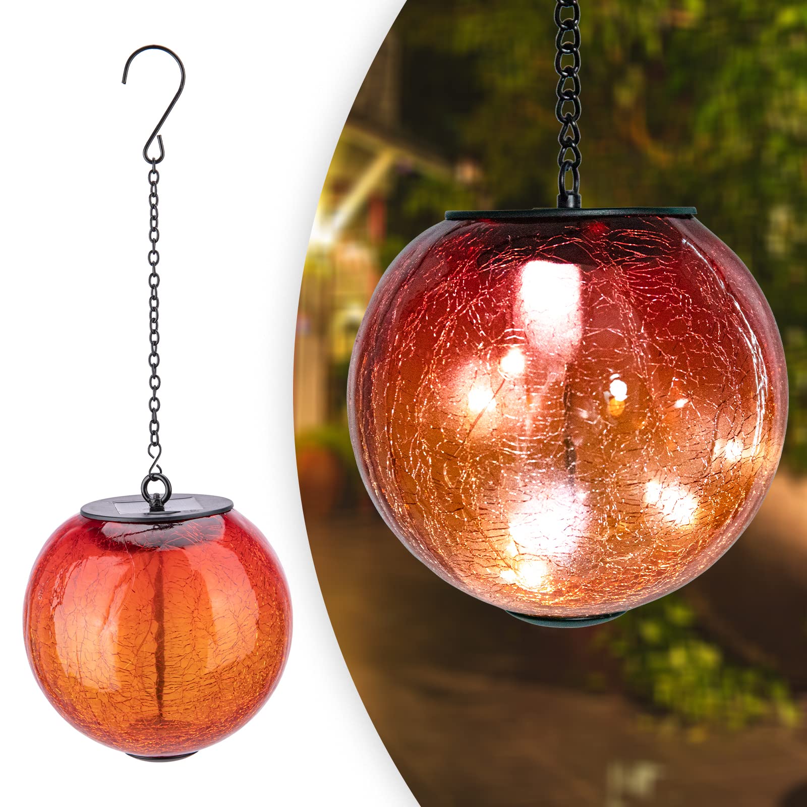 Outdoor Solar Lanterns - Waterproof Hanging Cracked Glass Ball Lights with LED, Solar Powered for Porch, Patio, Garden Decor | Perfect for Outdoor Parties, Weddings & Pathway Lighting (Orange)