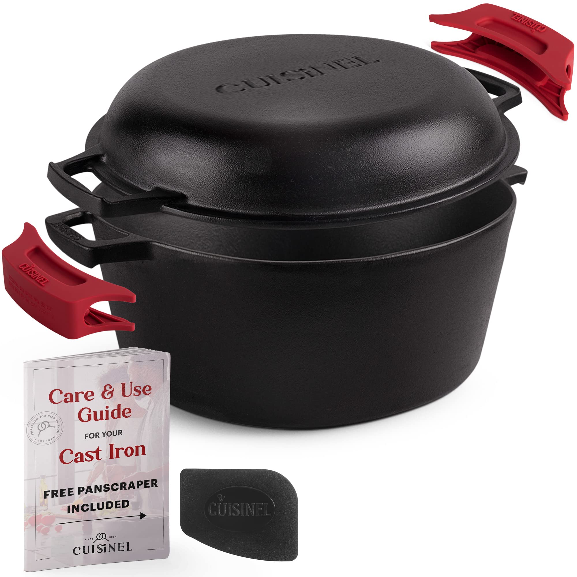 Cuisinel 7-Quart Cast Iron Dutch Oven with Combo Lid - Pre-Seasoned 2-in-1 Deep Pot & 12