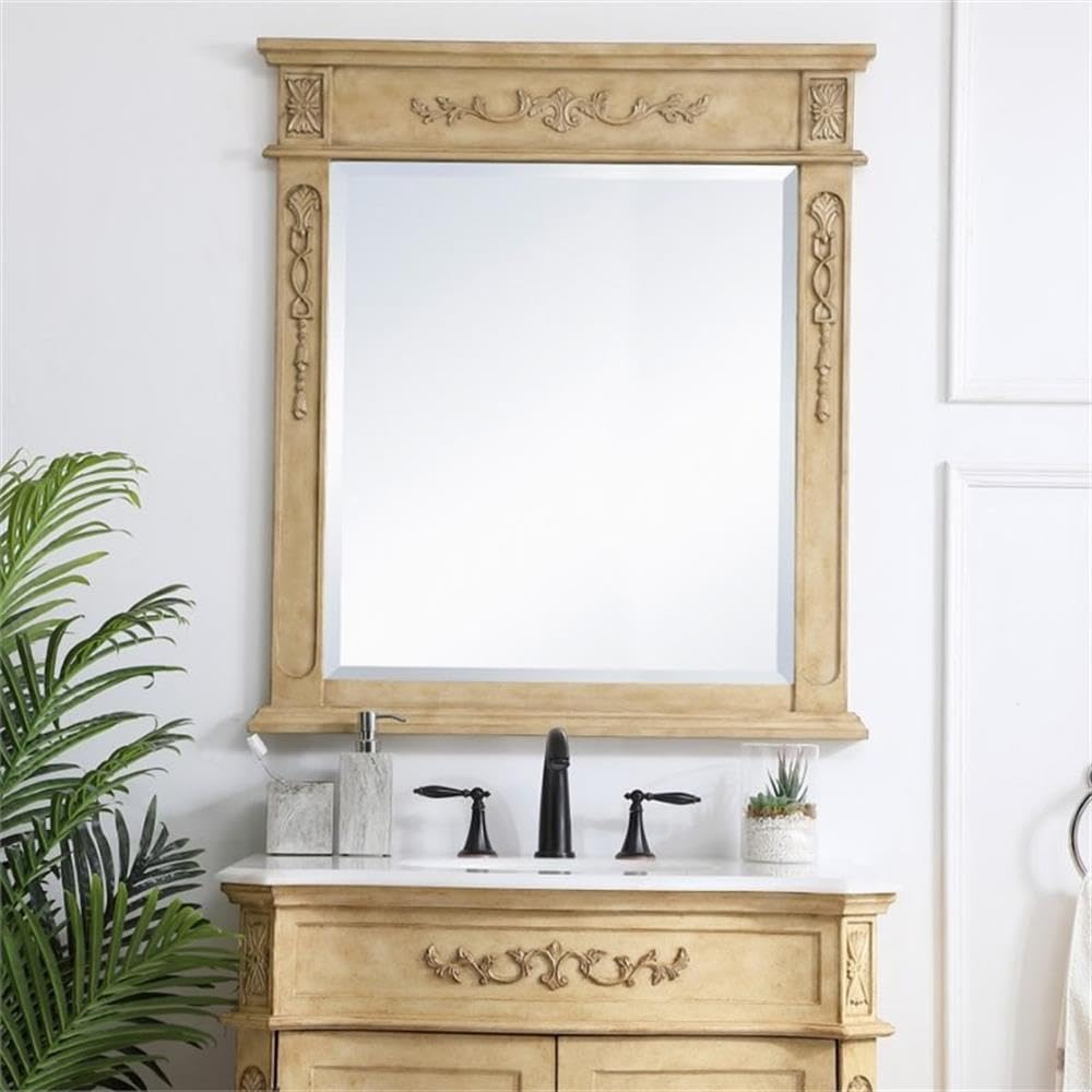 Elegant Danville 36x32 Inch Wood Framed Bathroom Mirror in Antique Beige - Perfect for Vanity, Powder Room & Farmhouse Style Decor