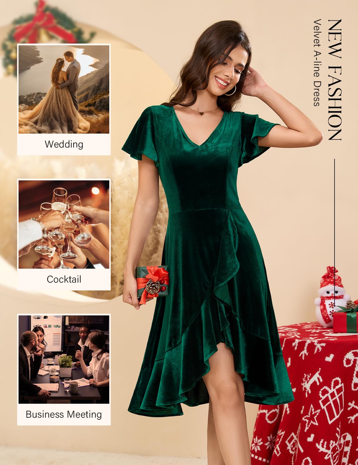 DRESSTELLS Women's Velvet Cocktail Dress 2024 | Elegant V-Neck Formal Gown for Christmas Party, Wedding Guest & Holiday Events | Winter Evening Dress for Special Occasions
