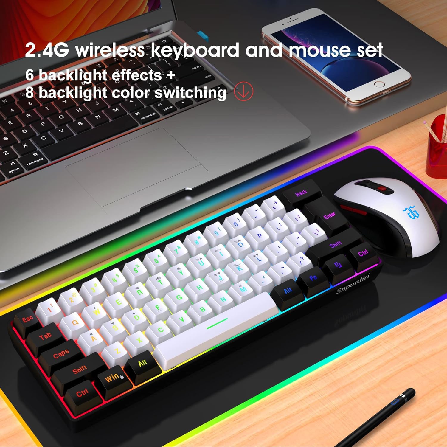 SNPURDIRI 2.4G Wireless Gaming Keyboard and Mouse Combo - 60% Compact Mechanical Feel RGB Backlit Keyboard & Ergonomic Vertical Wireless Mouse (Black/White) for PC, Mac, Laptop Gaming & Office Work