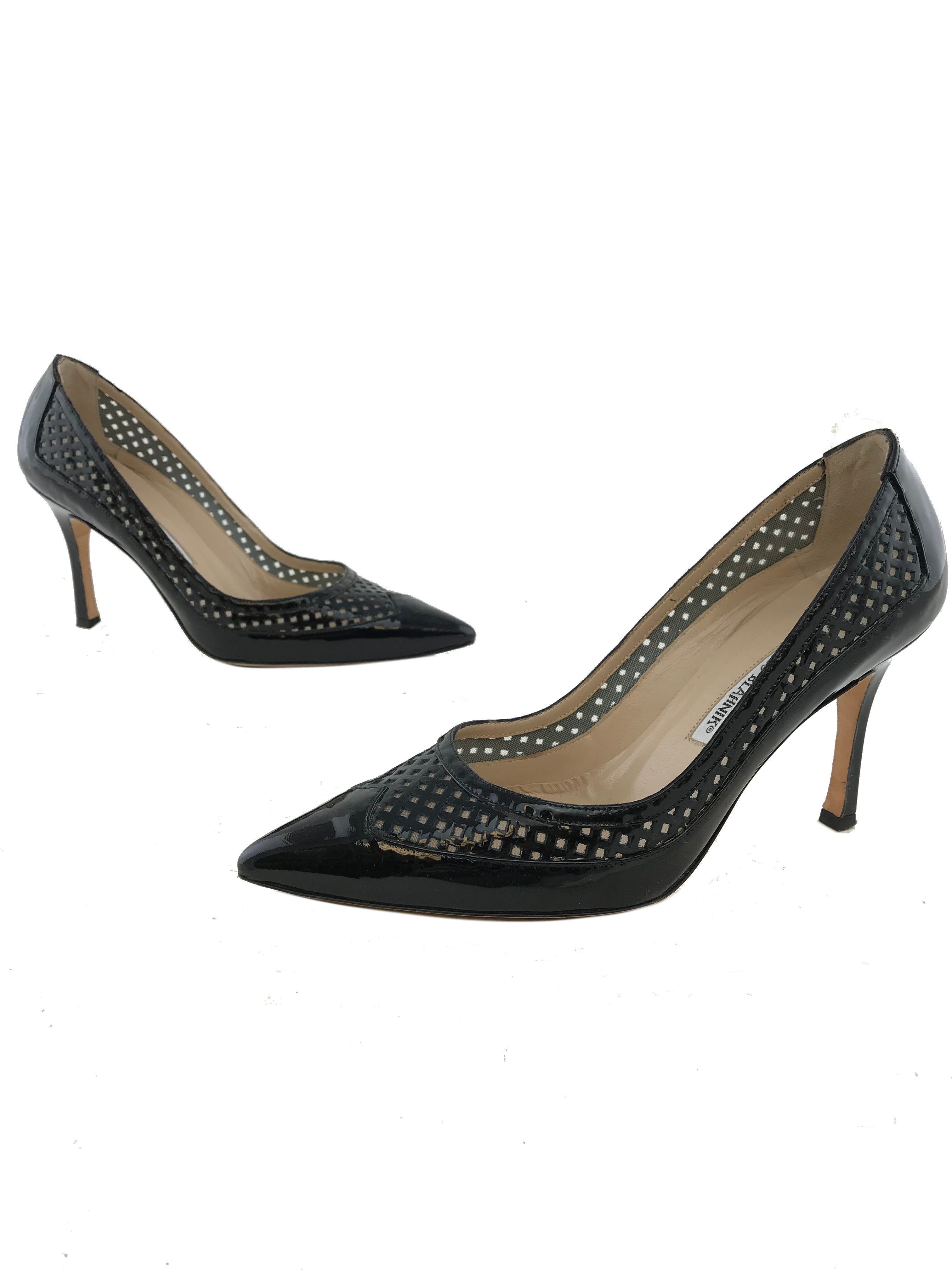 Manolo Blahnik Women's Patent Leather Laser Cut Pointed Toe Pumps - Size 7.5 US | Elegant High Heel Shoes for Weddings, Parties & Office Wear