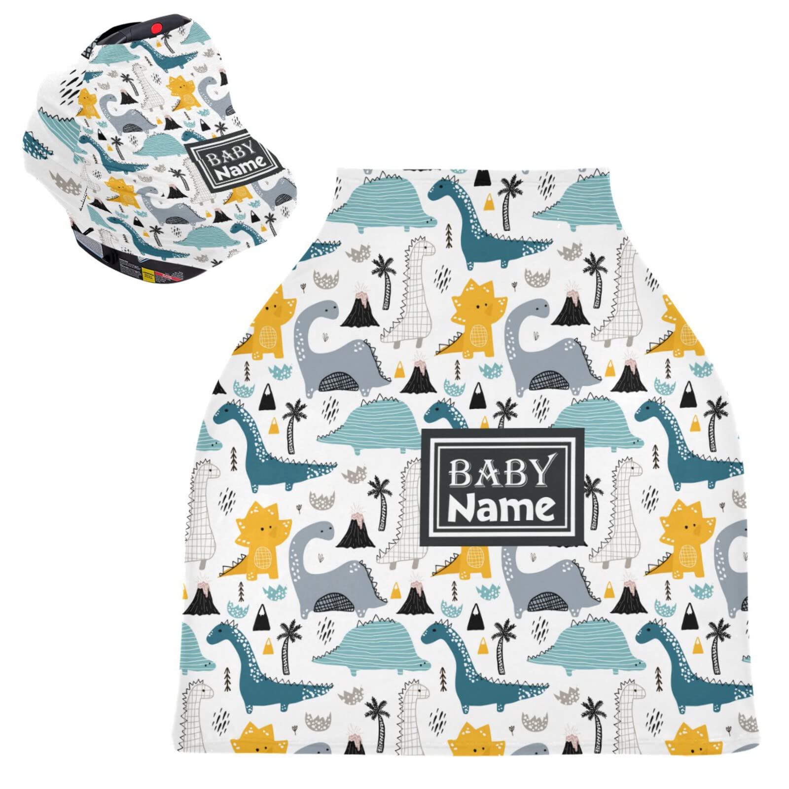 Custom Personalized Yellow & Green Dinosaur Baby Car Seat Cover - Soft Infant Stroller Canopy with Volcano & Palm Tree Design - Nursing & Breastfeeding Cover for Girls & Boys (Newborn-Friendly) - Perfect for Summer, Spring & Autumn - Ideal for Car Travel, Stroller Walks & Outdoor Nursing Protection