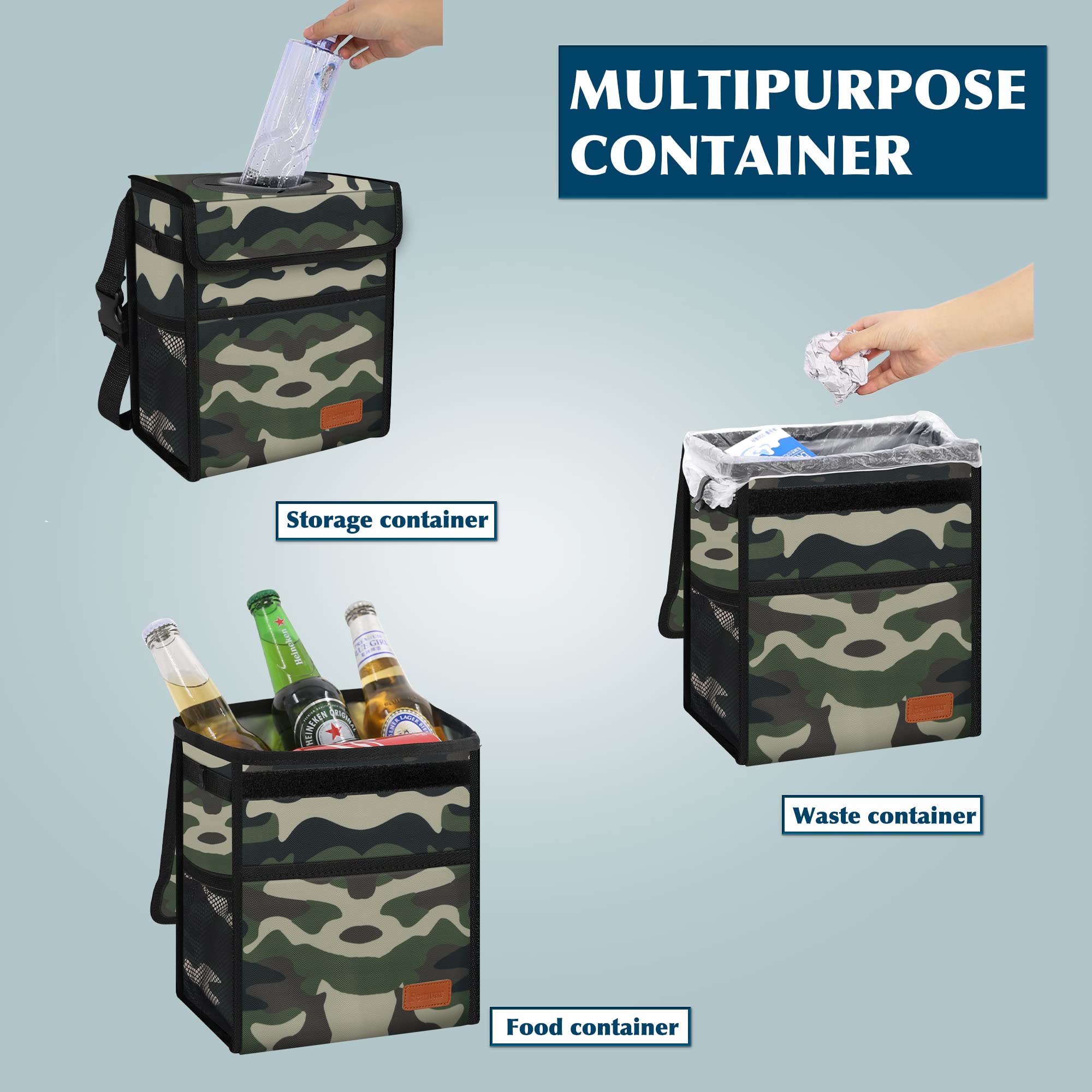 **Leak-Proof Car Trash Can with Lid - Waterproof Hanging Garbage Bag for SUV & Front Seat - Collapsible, Portable & Multipurpose with Storage Mesh Pocket - Ideal for Road Trips, Commuting & Travel (Camouflage)**