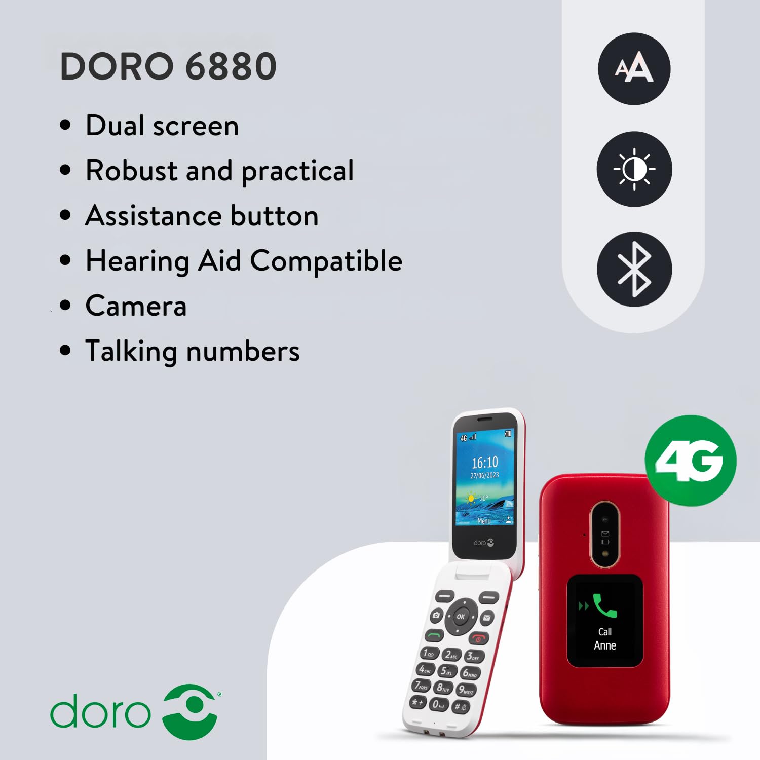 Doro 6880 4G Unlocked Flip Phone for Seniors - Big Button Easy-to-Use Mobile with Talking Number Keys, SOS Button, Charging Dock & Large Display (Red) | Perfect for Elderly Parents & Emergency Use at Home or Travel