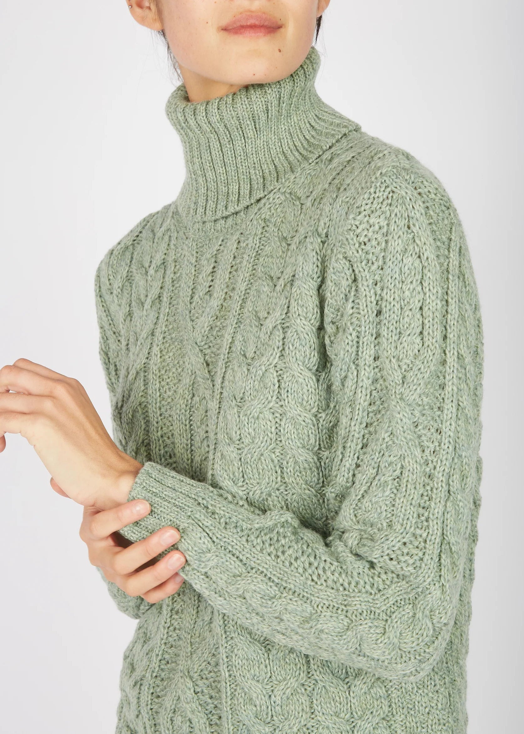 Ireland's Eye Polo Neck Aran Sweater for Women - Soft Wool Cable Knit Pullover in Sage Marl | Warm Winter Fashion, Casual Outfit & Holiday Gift