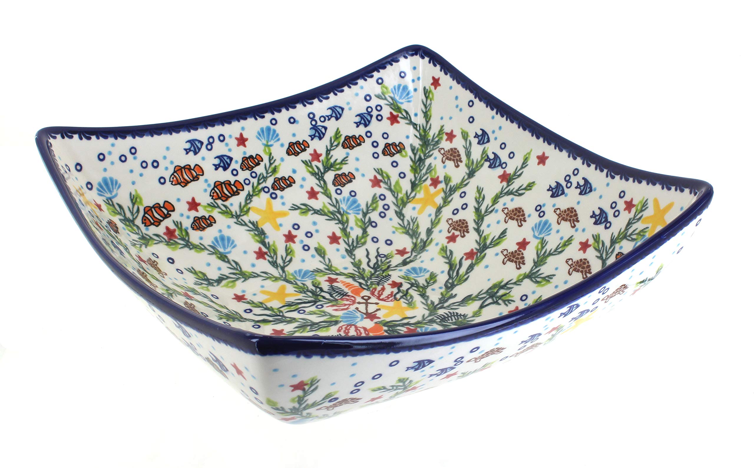 Blue Rose Polish Pottery Atlantis Large Square Bowl - Handmade Ceramic Serving Bowl for Soup, Salad, Pasta - Elegant Dinnerware for Home Decor & Entertaining