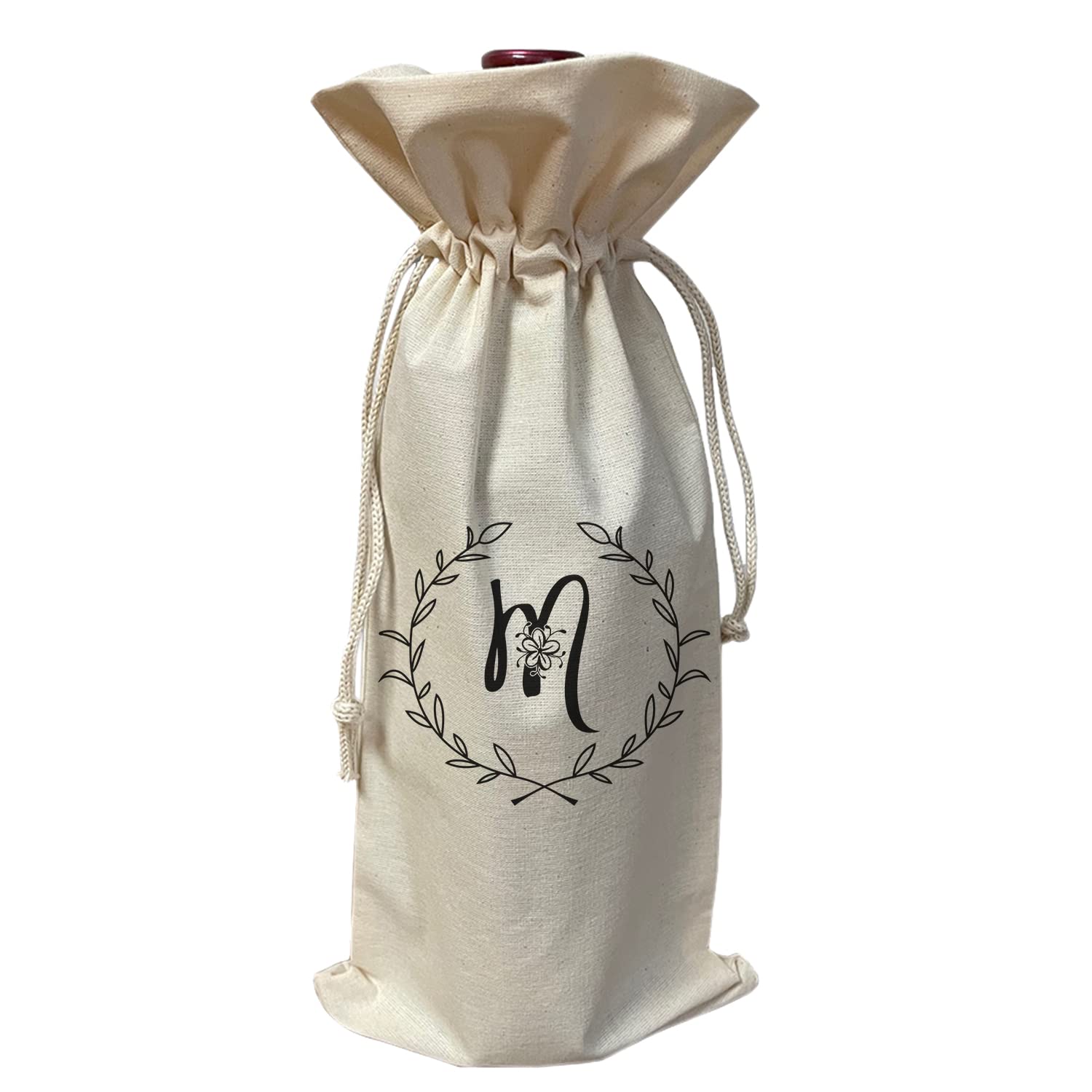 Personalized Initial Cotton Canvas Wine Gift Bag - Monogrammed Single Bottle Wine Tote (Letter M) - Perfect for Weddings, Birthdays & Housewarming Gifts