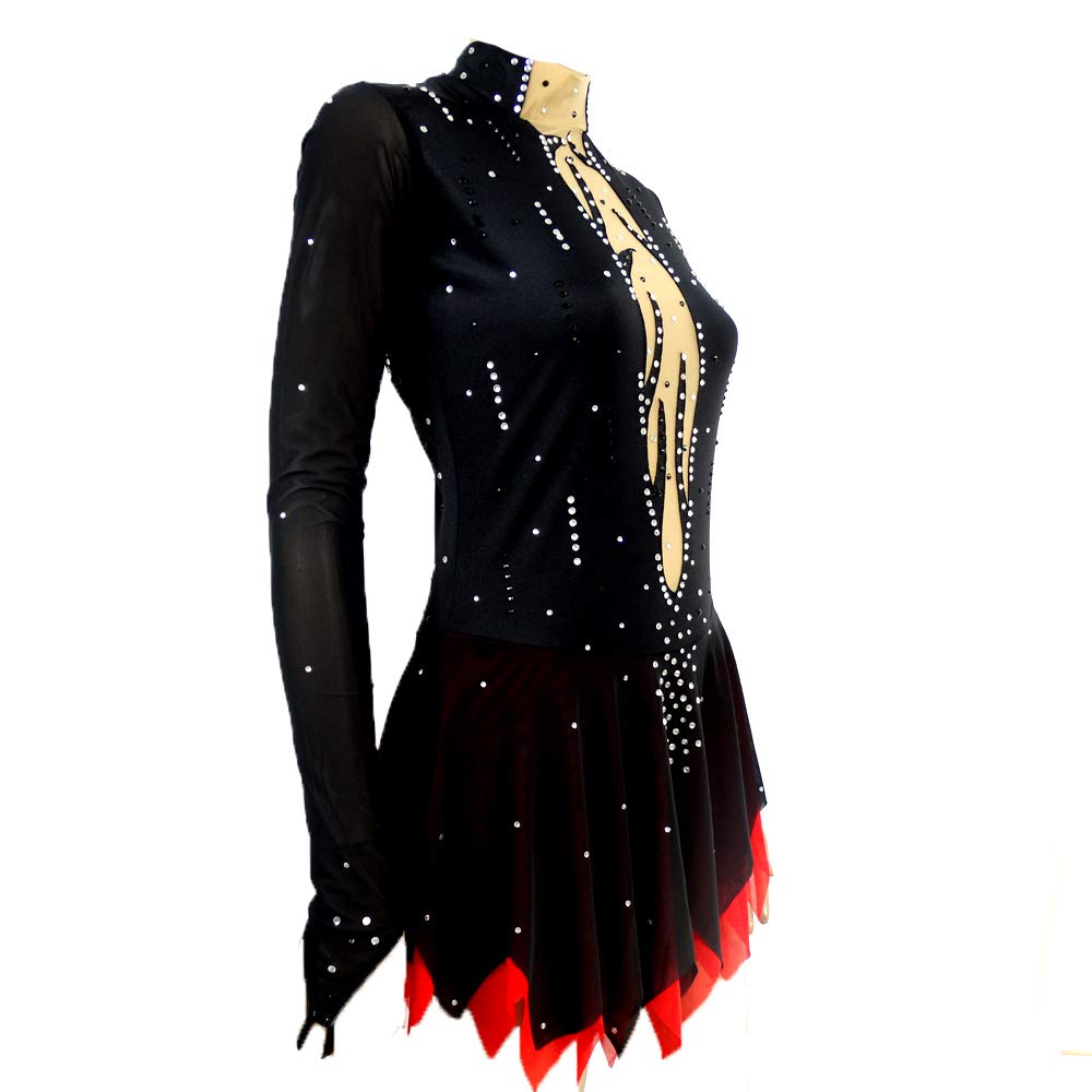 Custom Black & Red Figure Skating Costumes for Women - Long Sleeve Competition Dresses & Skirts - Perfect for Ice Shows, Performances, and Professional Skating Events