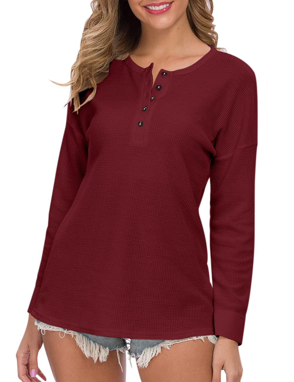 WNEEDU Women's Waffle Knit Tunic Top - Loose Fit Long Sleeve Button Up V-Neck Henley Shirt for Casual Wear & Layering | Perfect for Fall & Winter Outfits