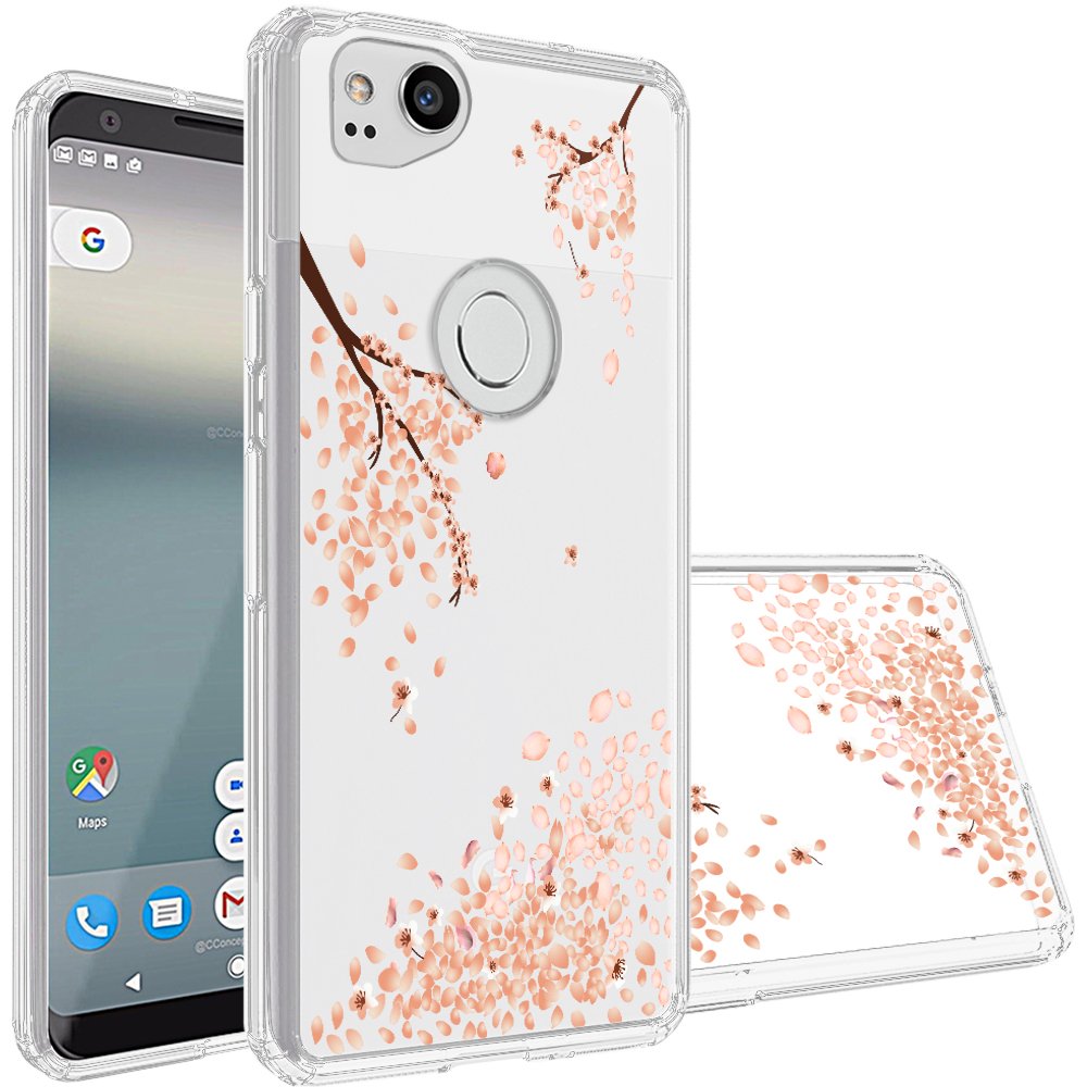 Premium Google Pixel 2 Case - Anti-Scratch PC Back & Shockproof TPU Bumper - Artistic Falling Plum Design - Perfect for Daily Use, Travel & Outdoor Protection