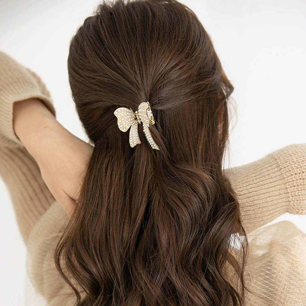 Brinie Pearl Hair Claw Clips - Gold Metal Hair Claw Clamps with Bowknot Design, Non-Slip Jaw Hair Accessories for Women & Girls (2 Pack) - Perfect for Parties, Weddings & Everyday Styling