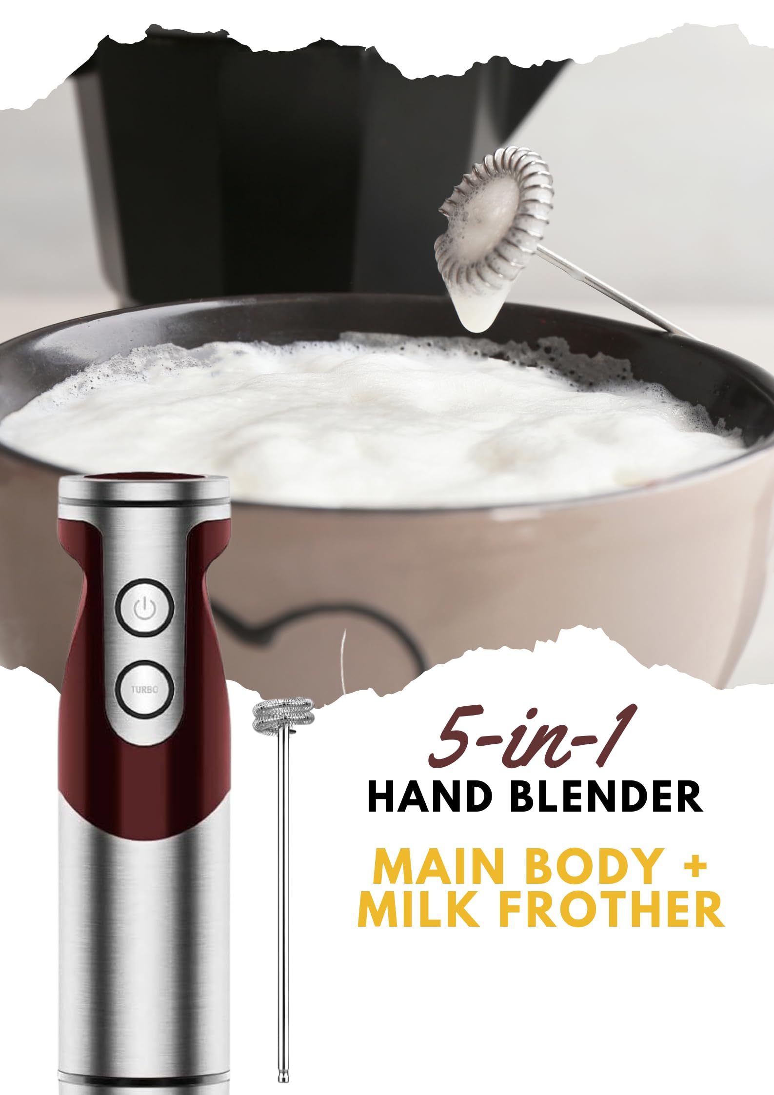 MegaWise Pro Titanium Reinforced 5-in-1 Immersion Hand Blender - 800W Powerful Motor with 80% Sharper Stainless Steel Blades, 12-Speed Control, Includes 500ml Food Chopper, 600ml Mixing Beaker, Whisk & Milk Frother - Perfect for Smoothies, Soups, Sauces, Baby Food & Baking at Home