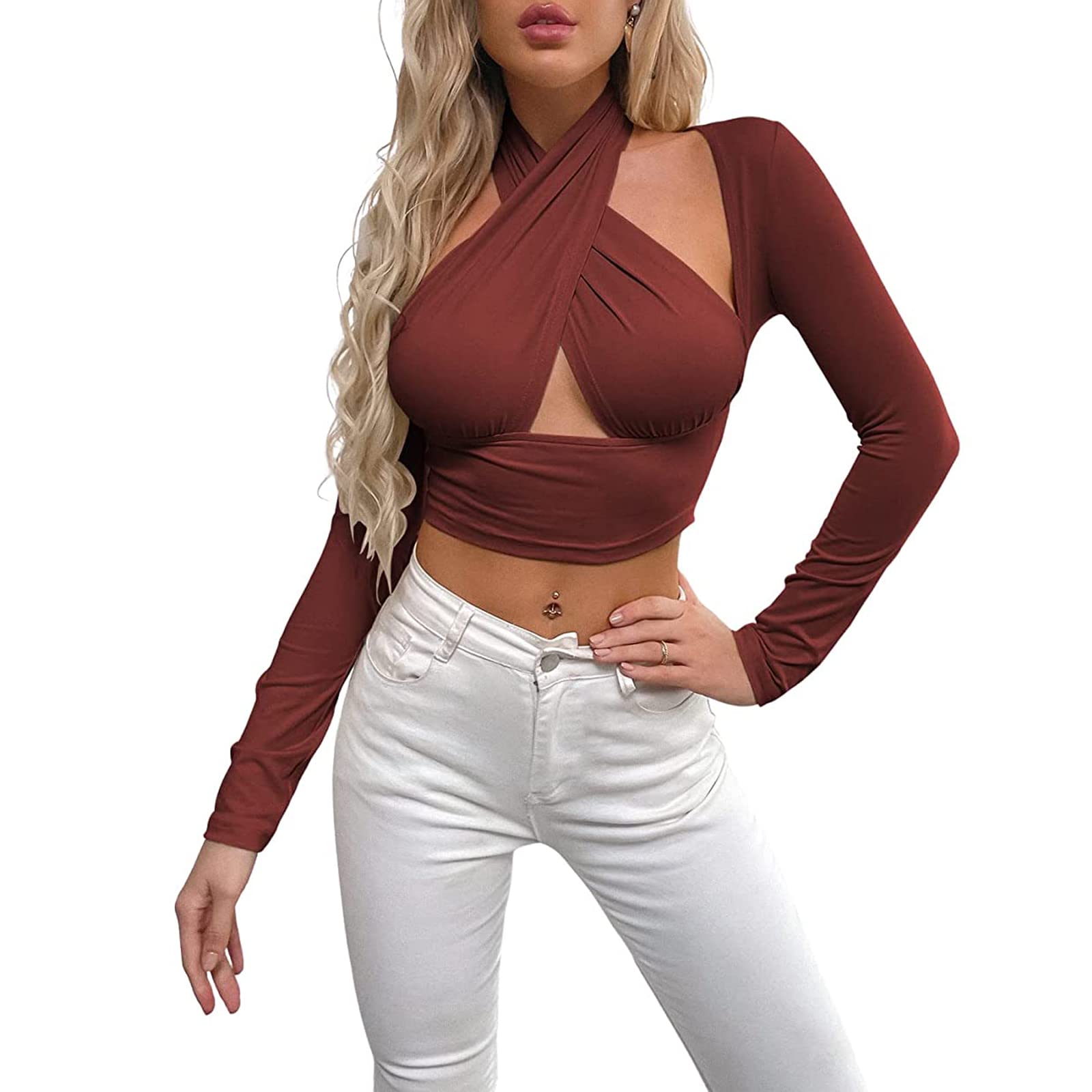 Sexy Hollow Out Halter Tops for Women - Plus Size Long Sleeve T-Shirt for Party & Night Out