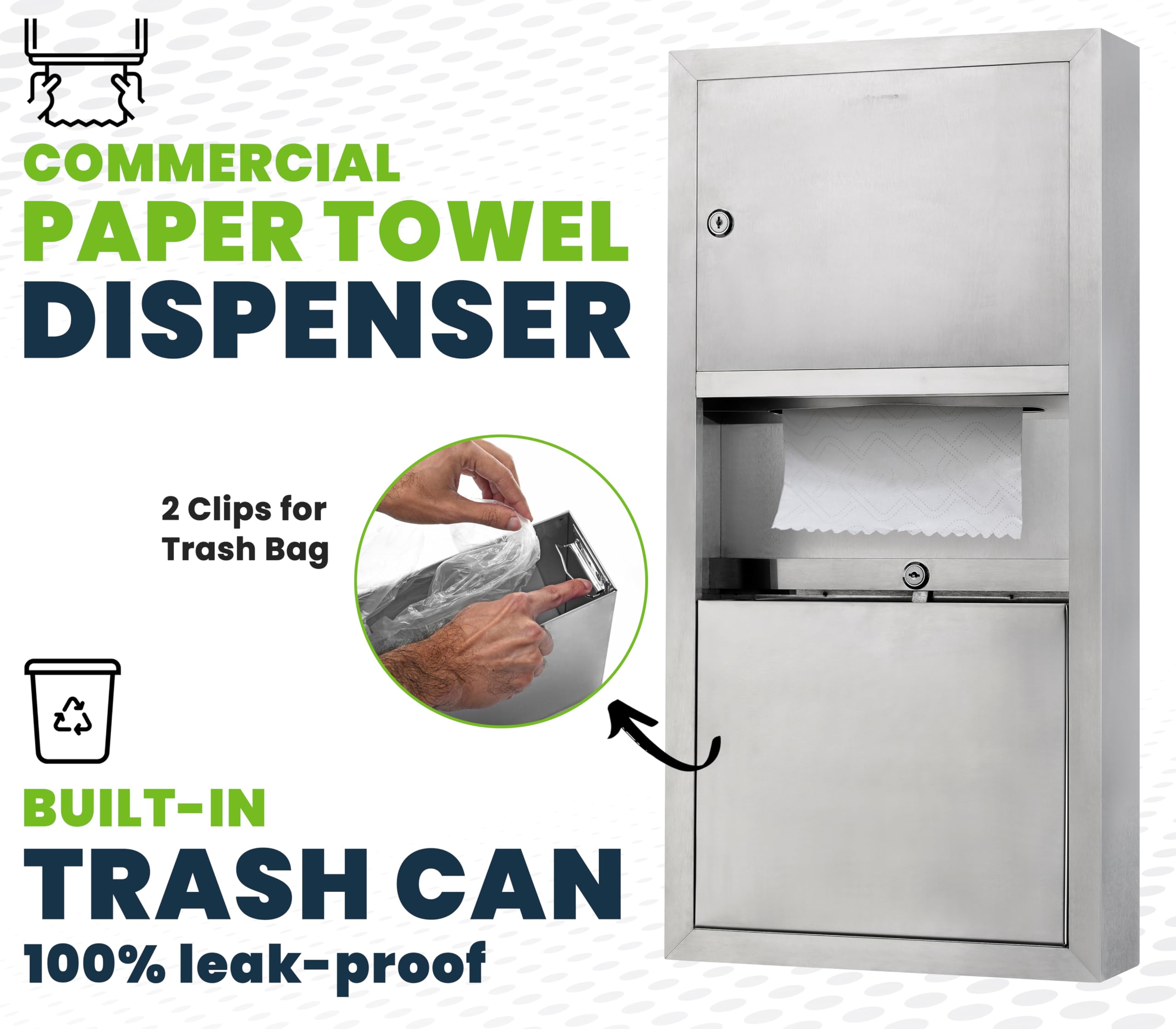 Stainless Steel Wall Mounted Commercial Paper Towel Dispenser with 2 Gallon Trash Can - Compatible with C Fold, Multifold & Tri Fold Towels - Brushed Finish & Lockable Design for Restaurants, Offices & Public Restrooms