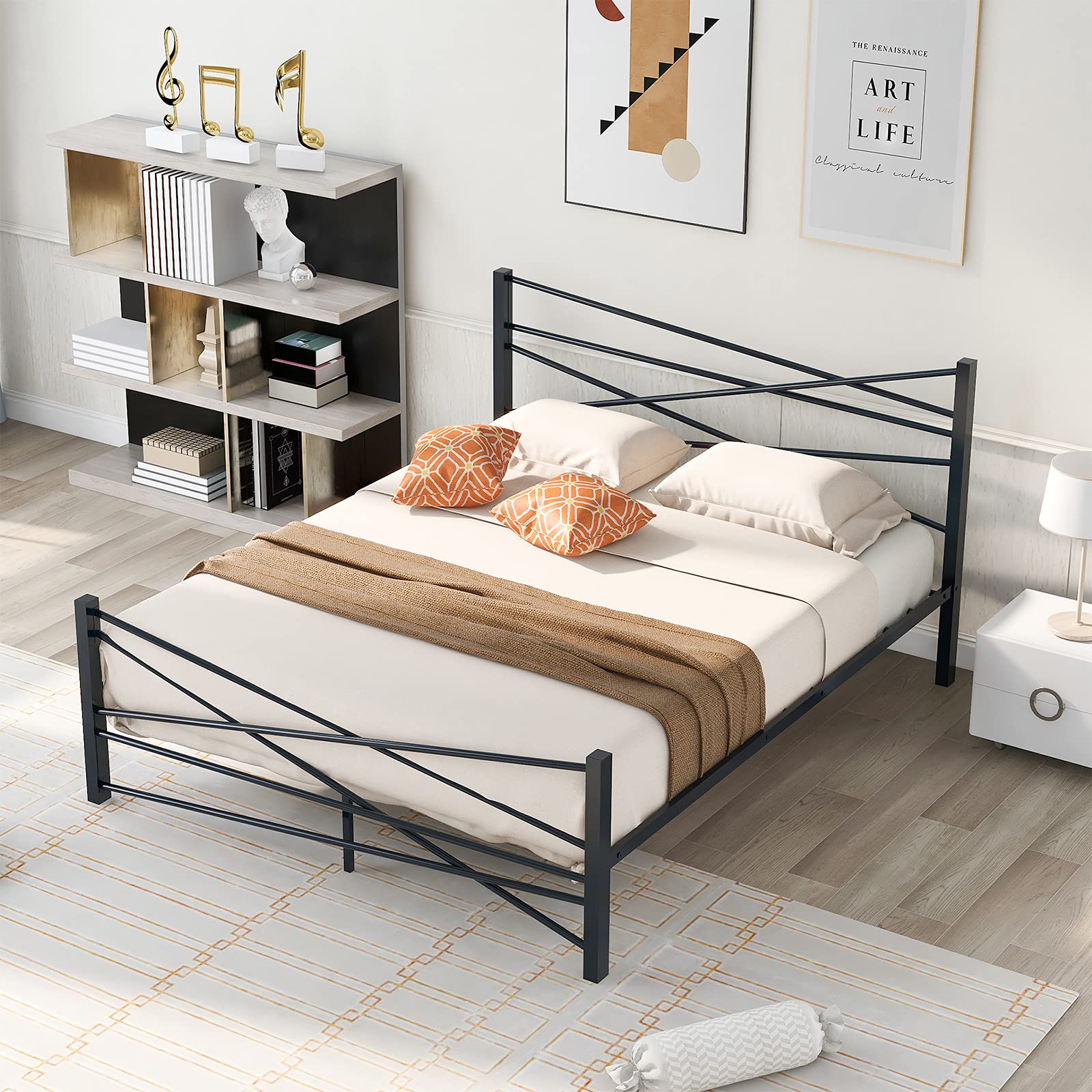 Metal Bed Frame with Headboard - No Box Spring Needed Platform Bed with Under-Bed Storage | Victorian Vintage Style (Silver) | Perfect for Small Bedrooms, Guest Rooms & Apartment Living