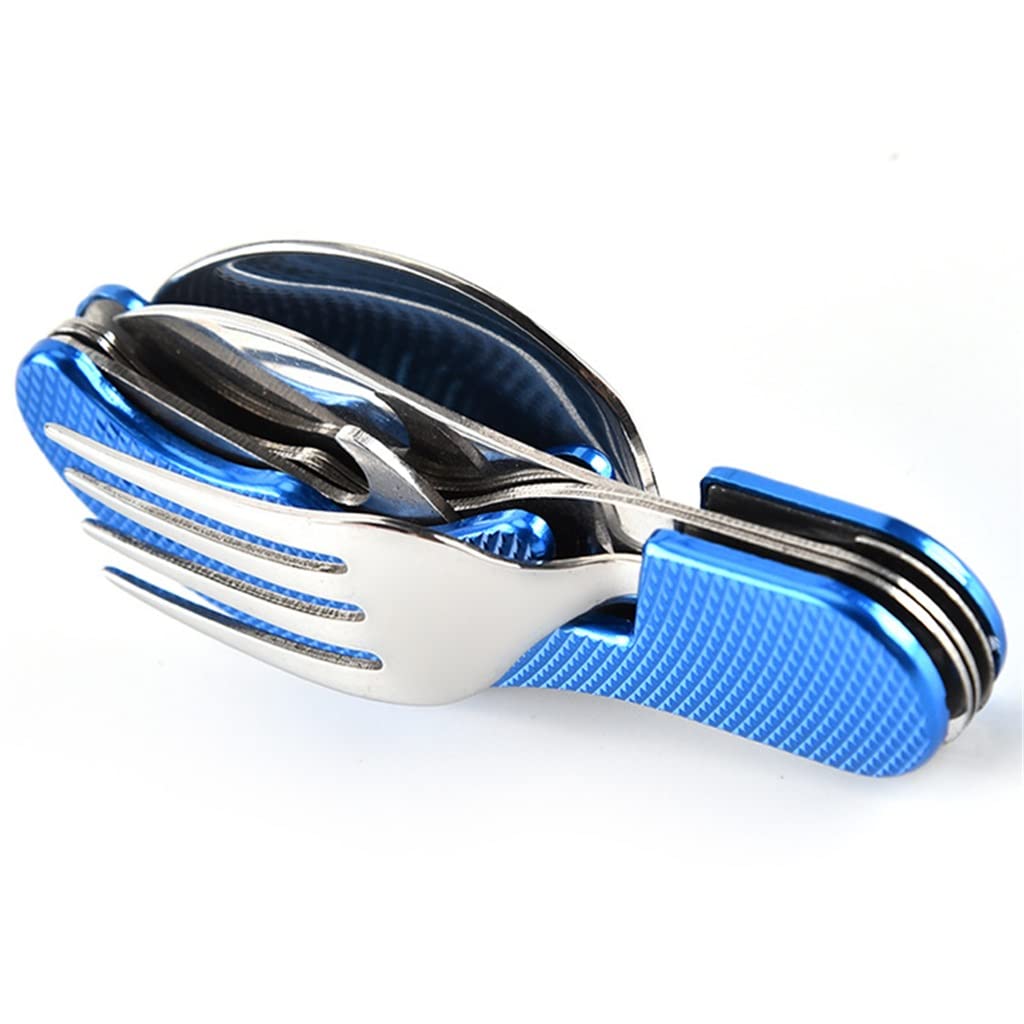 SHZBCDN 4-in-1 Stainless Steel Camping Tableware Set - Foldable Spoon, Fork, Knife & Bottle Opener - Compact Outdoor Cooking Kit for Hiking, Picnic, Travel & Backpacking (Blue, 1 Set)