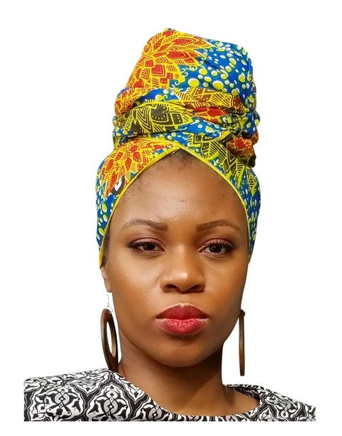Stylish Blue, Gold & Red African Print Head Wrap - Fashionable Headscarf for Women - Perfect for Parties, Weddings & Everyday Wear