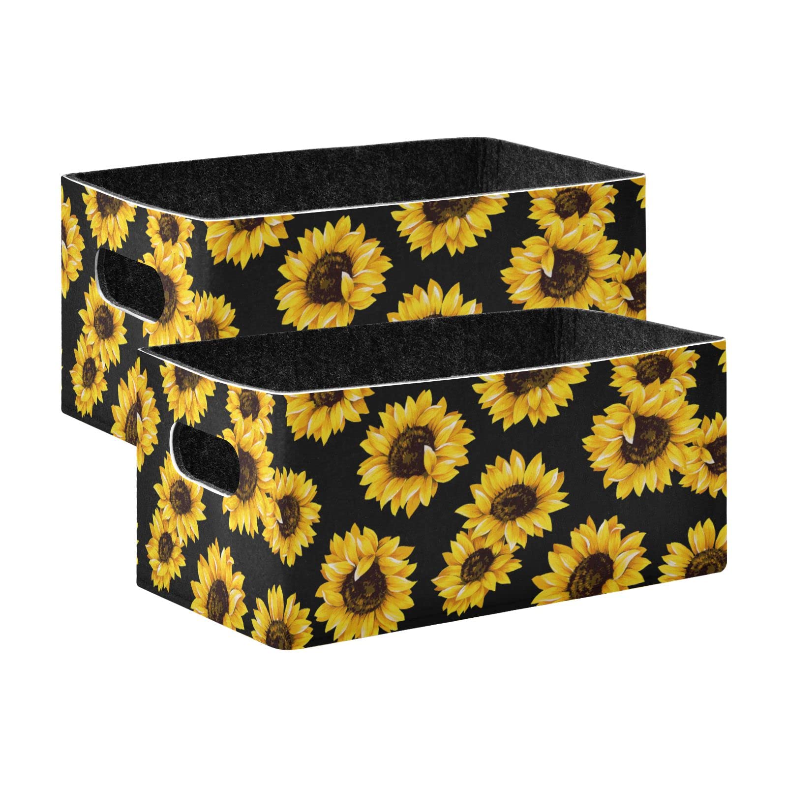 Emelivor 2-Pack Black Sunflower Collapsible Storage Bins with Handles - Foldable Felt Baskets for Kids Toys, Pet Supplies, Books & Clothes - Perfect for Nursery, Playroom, Closet & Cabinet Organization