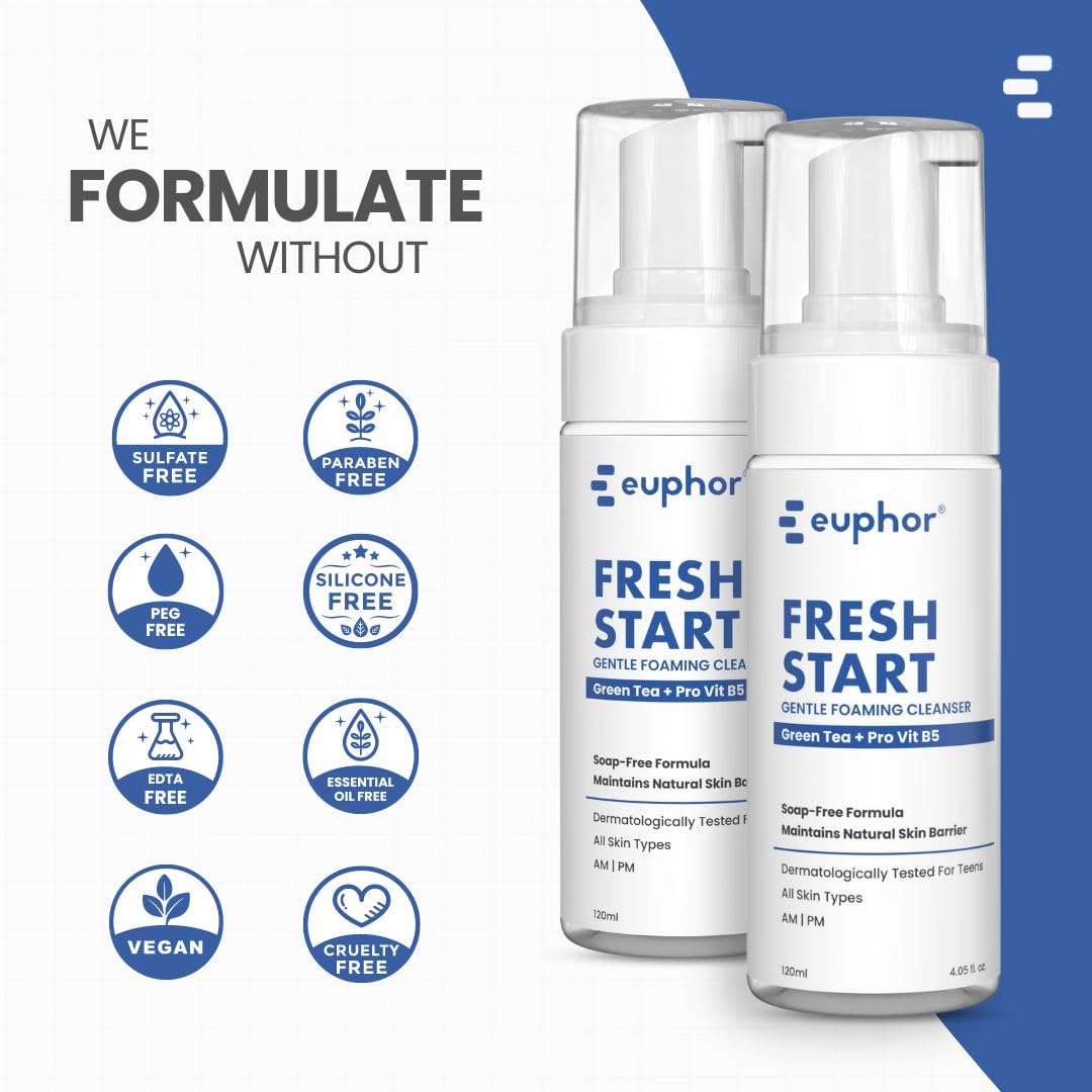 Euphor Teens Gentle Foaming Face Wash for Age 12+ - Green Tea, Aloe Vera & Vitamin B3 Cleanser for Dry, Oily & Combination Skin | Soap-Free, Sulfate-Free Formula | 120ml | Perfect for Morning & Night Skincare Routine | Men & Women
