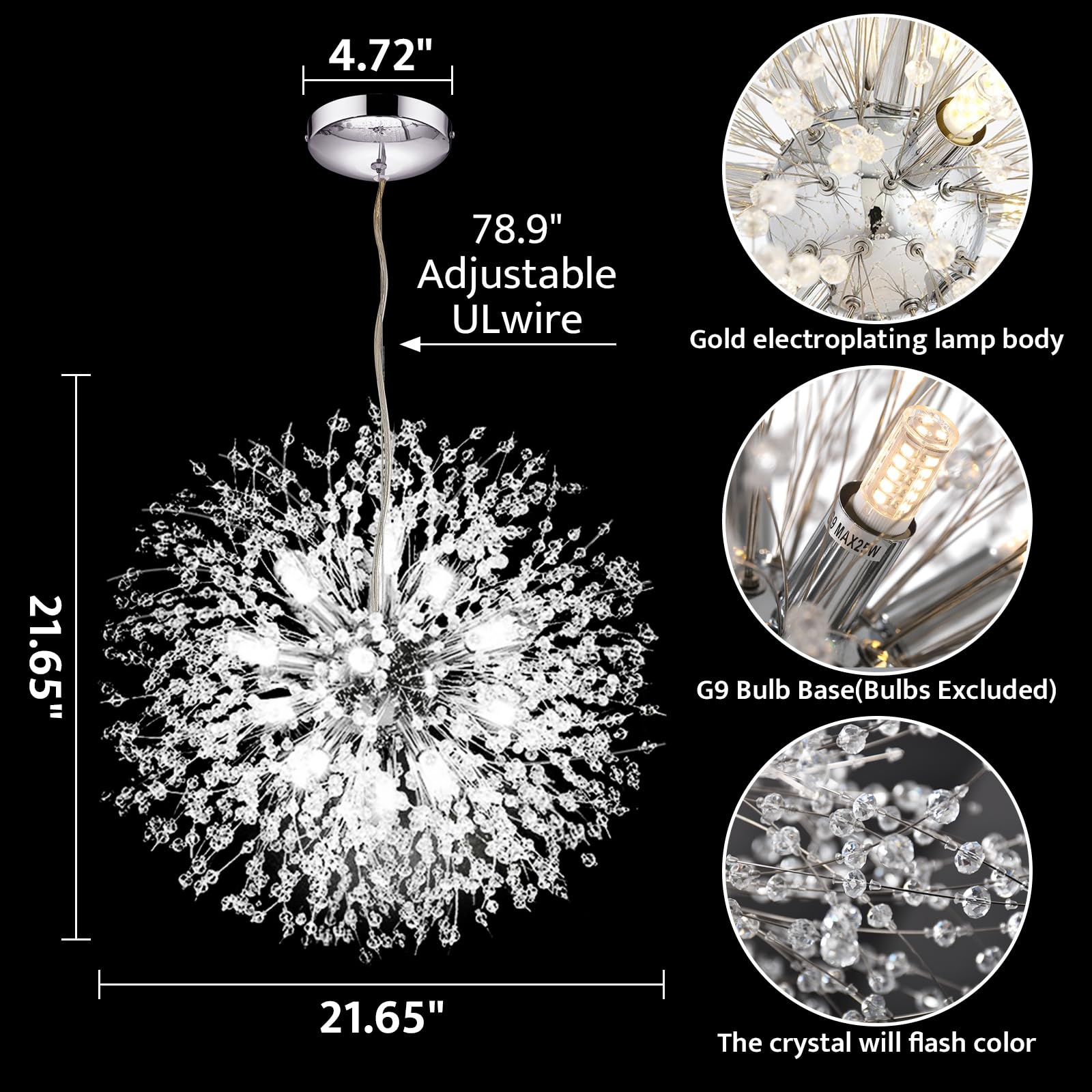 Modern Firework Chrome Crystal Chandelier - 12-Light Sputnik Dandelion Pendant Lighting Fixture for Dining Room, Living Room, Bedroom, Kitchen & Restaurant | Elegant Ceiling Decor for Home, Hotel and Commercial Spaces