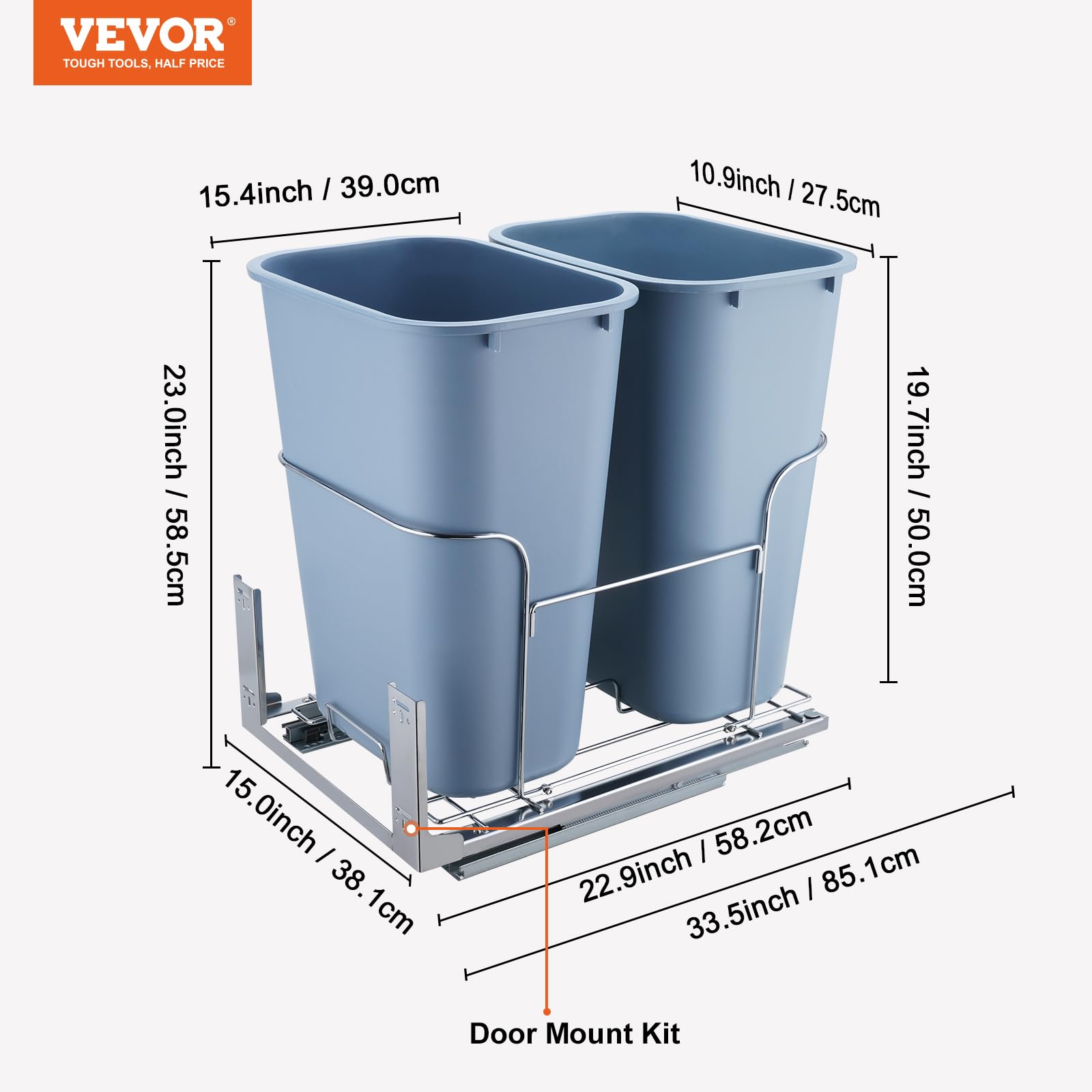VEVOR 35L Pull-Out Trash Can - Heavy Duty Under Cabinet Double Bin with Soft-Close Slide, 110 lbs Capacity - Perfect for Kitchen Waste & Recycling Organization in Modern Home Cabinets