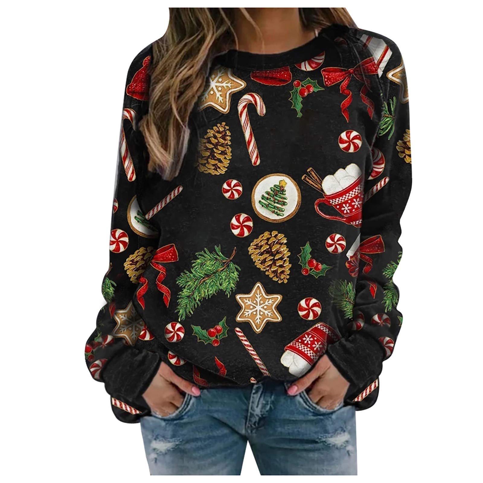 Women's Christmas Print Long Sleeve Raglan Blouse - Casual Holiday Tops for Christmas Parties, Family Gatherings & Festive Outfits
