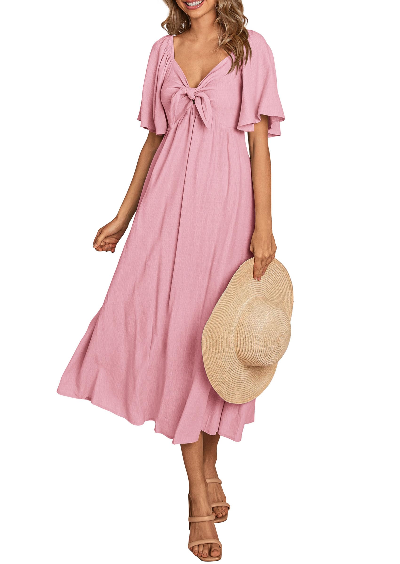 PRETTYGARDEN Women's Summer Casual Dress 2025 - Short Sleeve V-Neck Bow Tie Ruffle Midi Flowy Dress for Beach, Vacation & Daily Wear