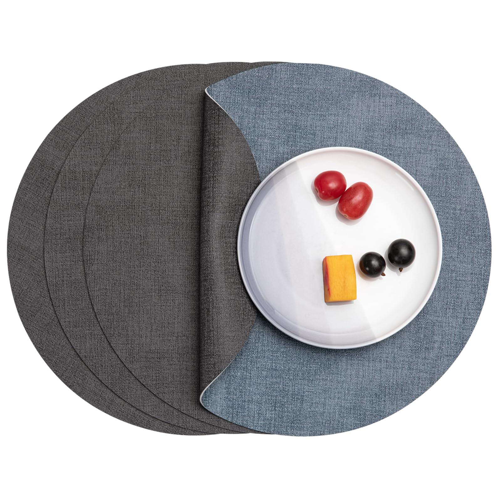 Myir JUN Round Placemats Set of 4 - Dual Sided Faux Leather Table Mats for Dining, Non-Slip Washable Placemats for Indoor & Outdoor Use - Perfect for Dinner Parties, Picnics, and Daily Meals (Gray Light Blue)